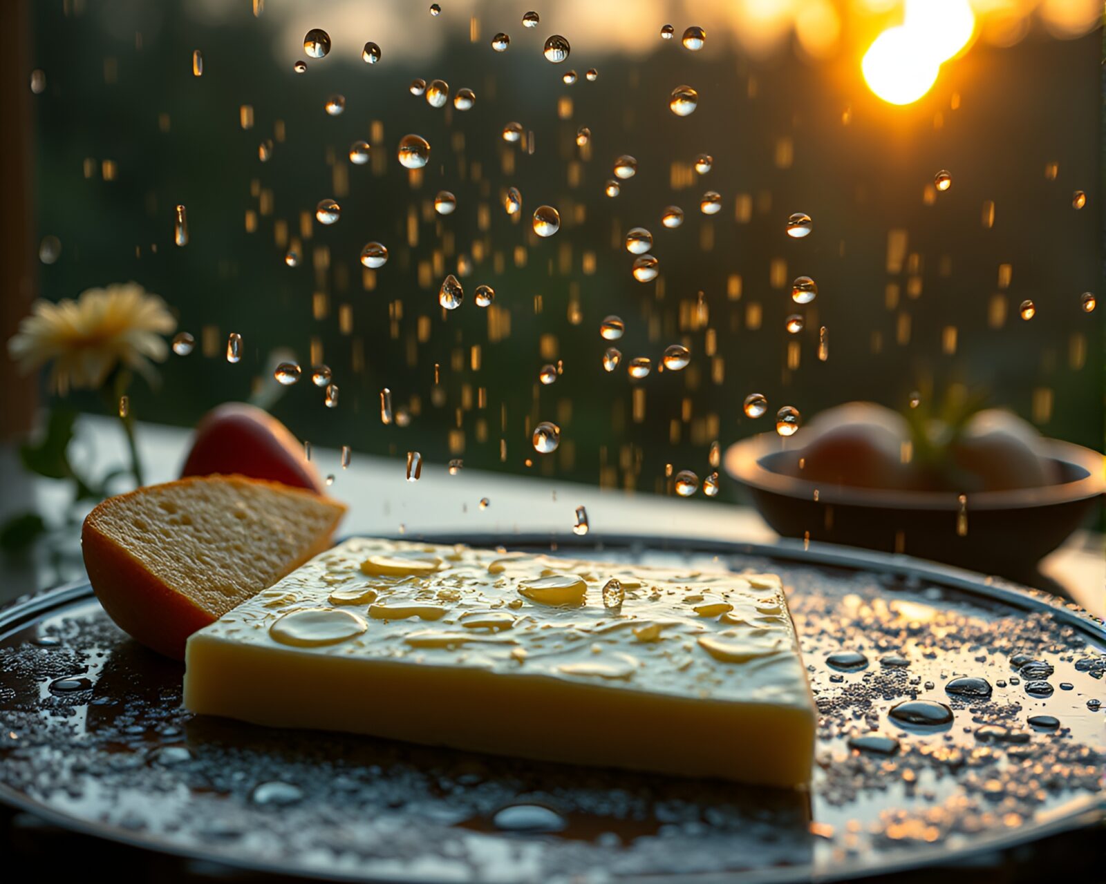Hyper-realistic image of cheese plate under golden rain droplets