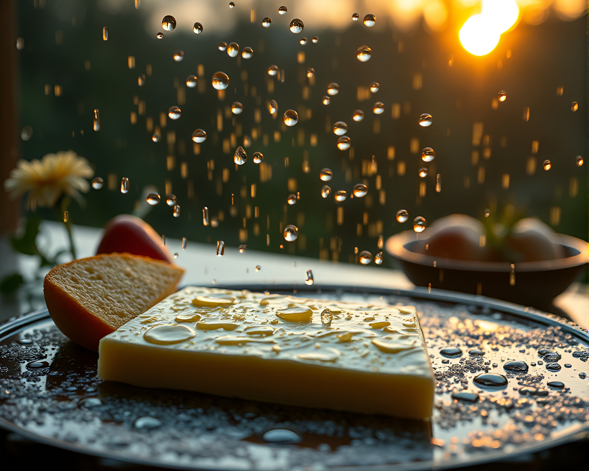 Morning Light Cheese Platter in Rain Droplets – free AI stock image