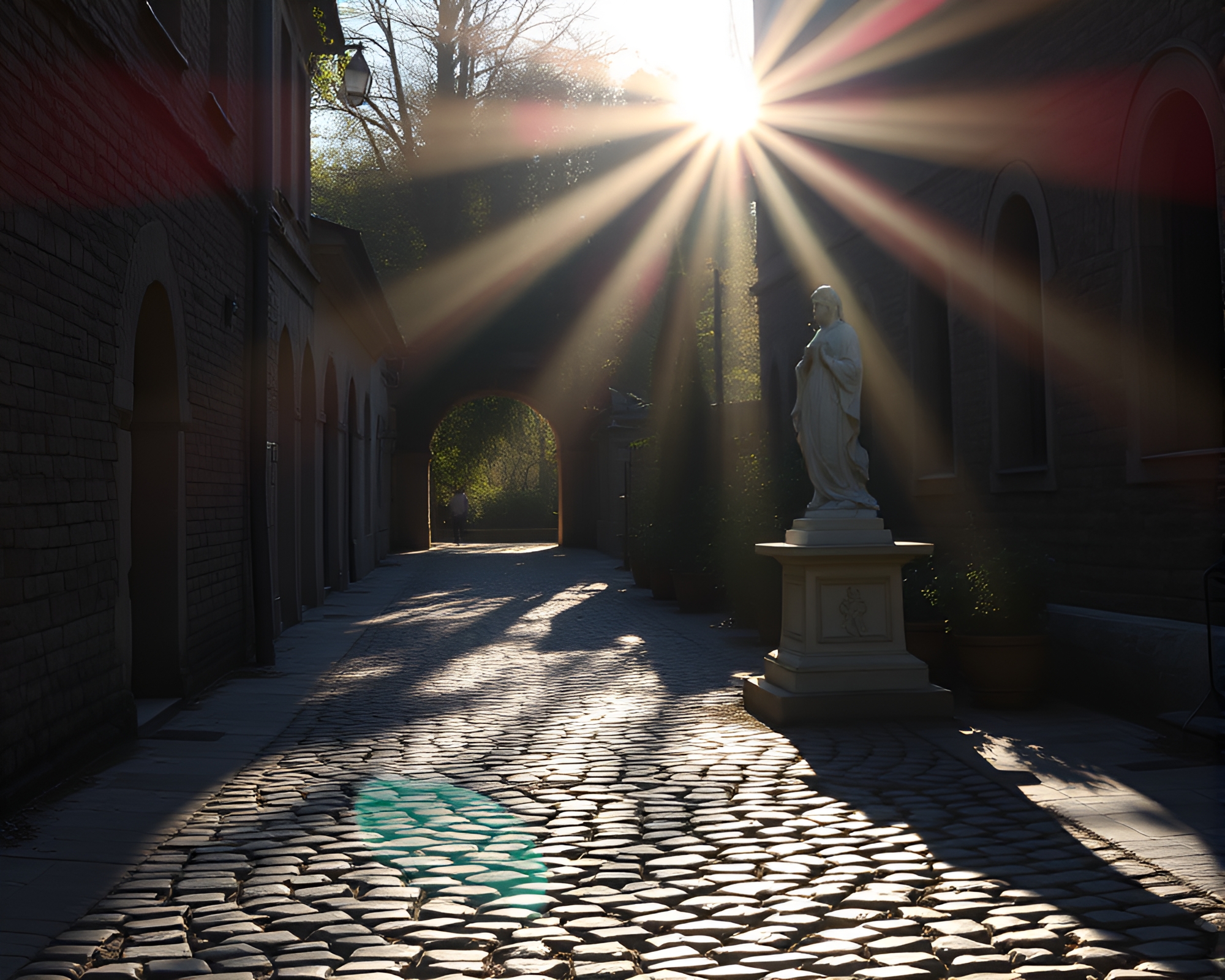 Statue of sun rays on cobblestone path – free AI stock image