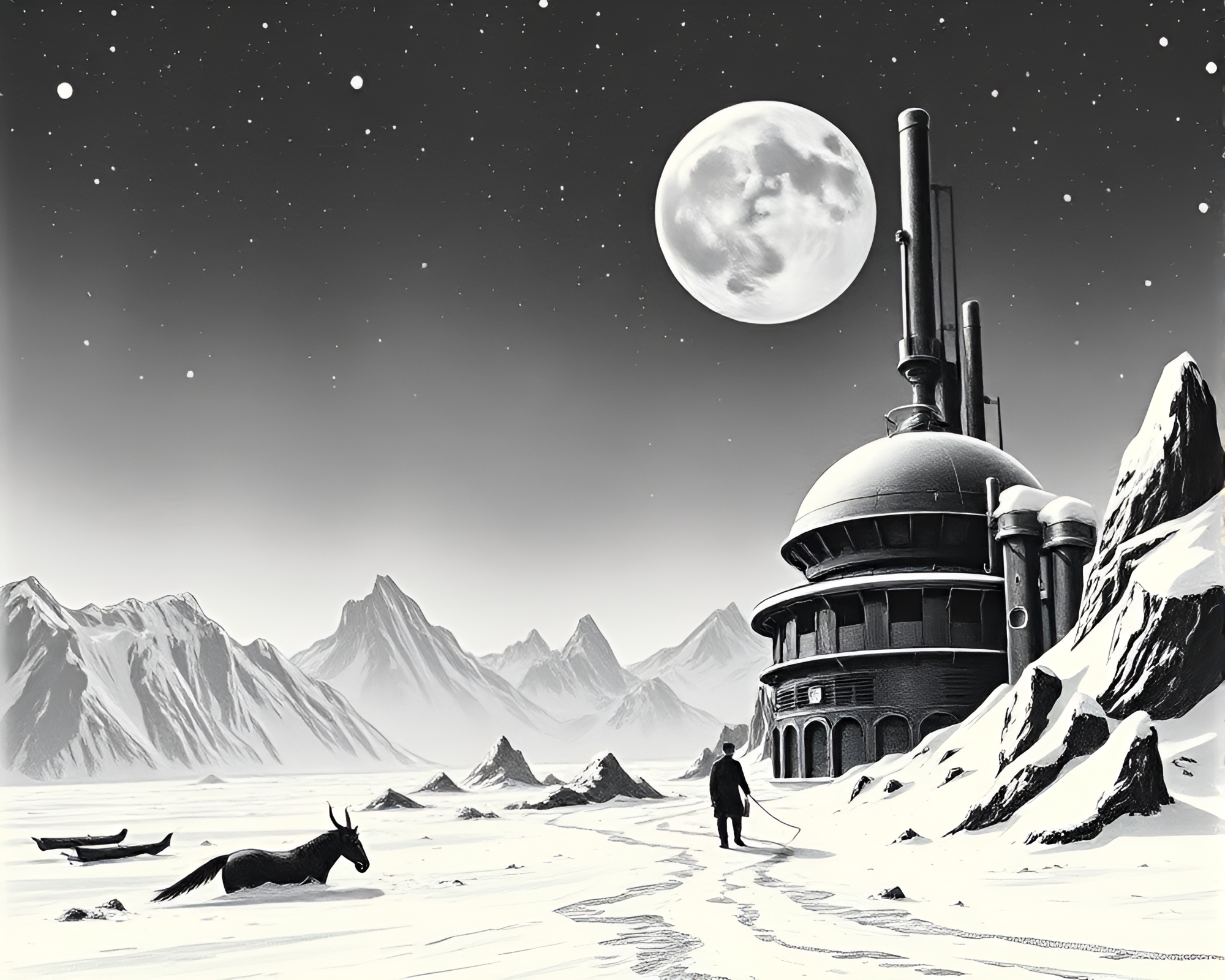 Lovecraftian Horror in Retro Futuristic Antarctic Whiteout – free AI stock image