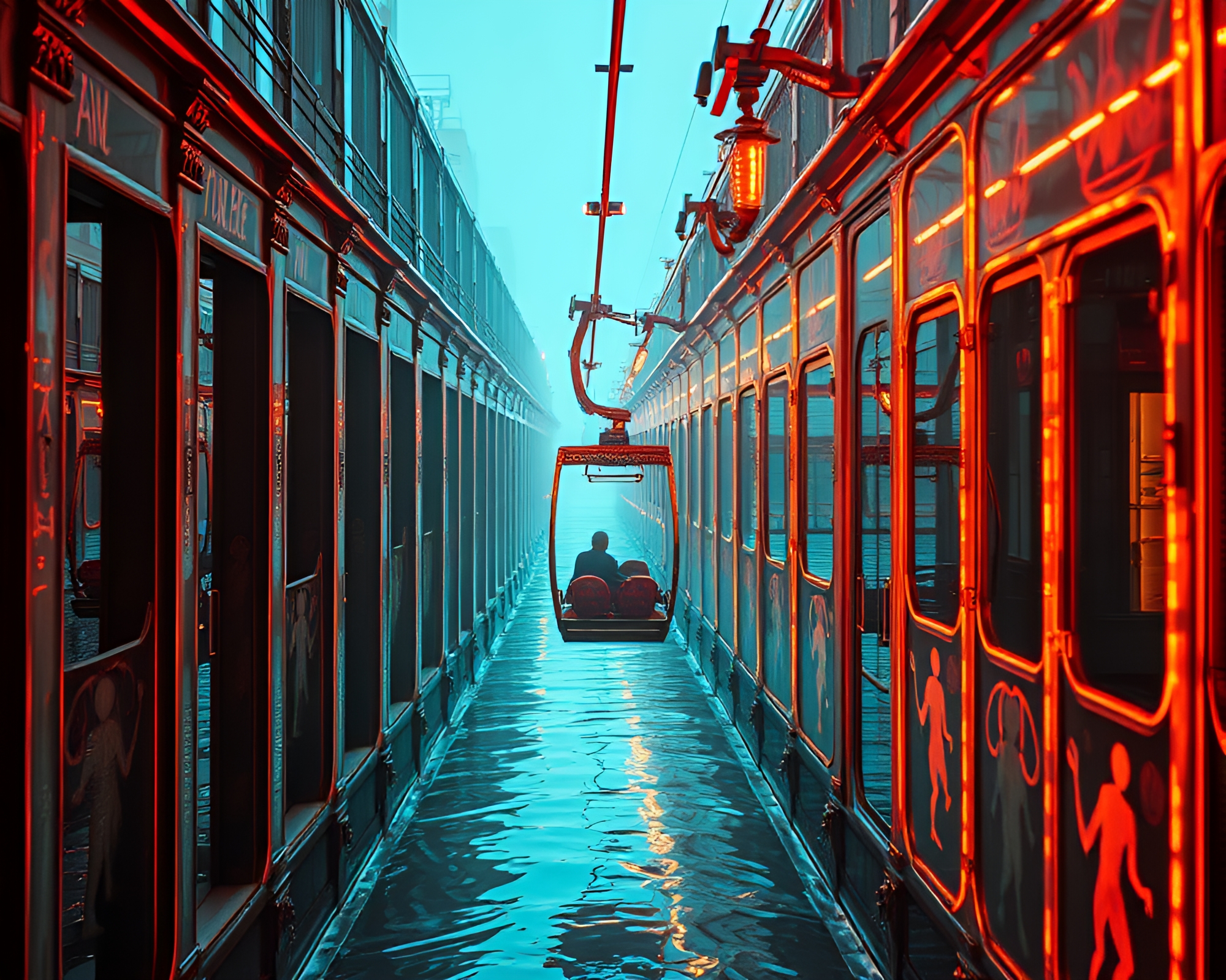 Copper Verdigris Gondola Lift: Surreal X-Ray Style – free AI stock image