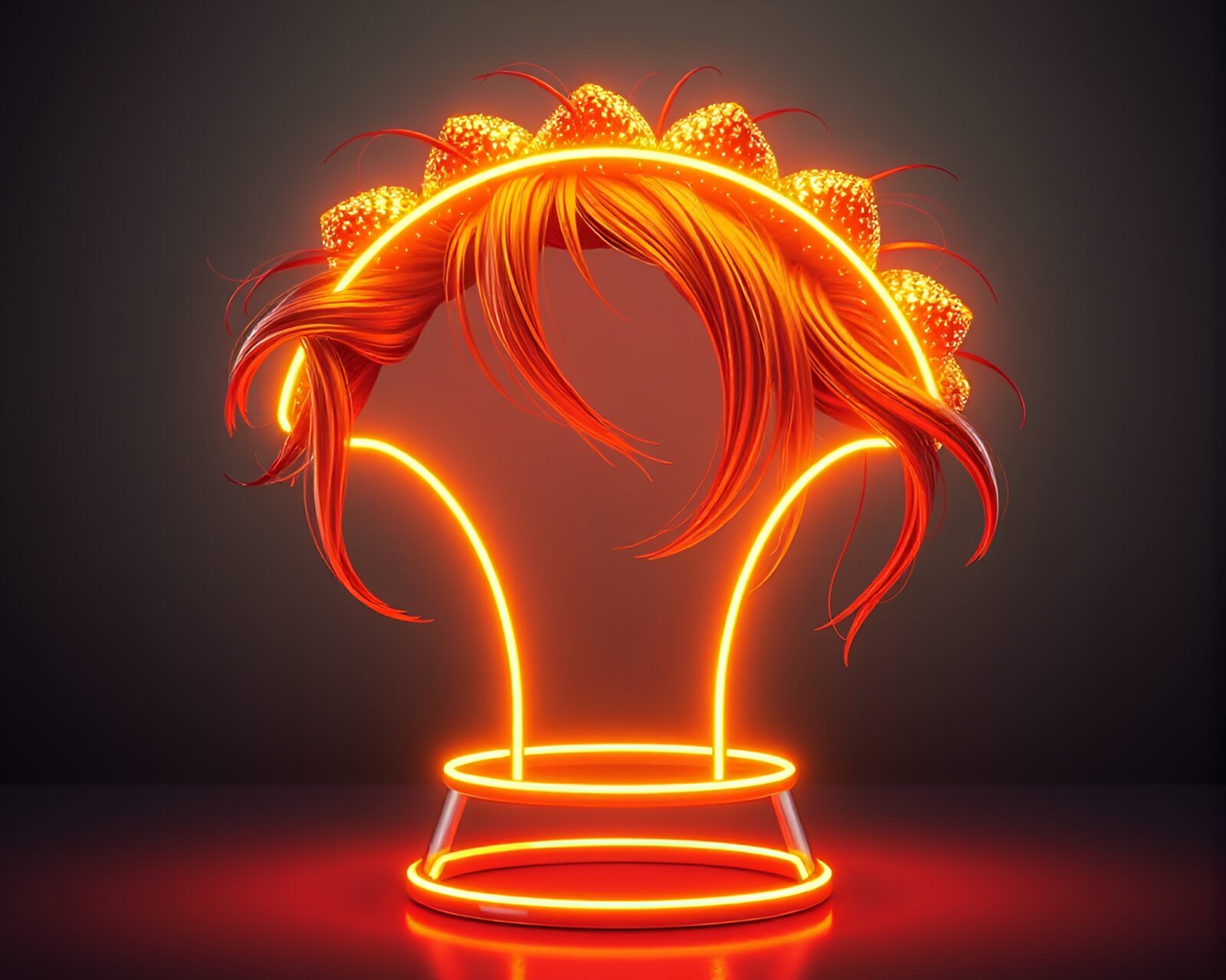 Vibrant neon wireframe taco stand glowing in metallic hair-like textures