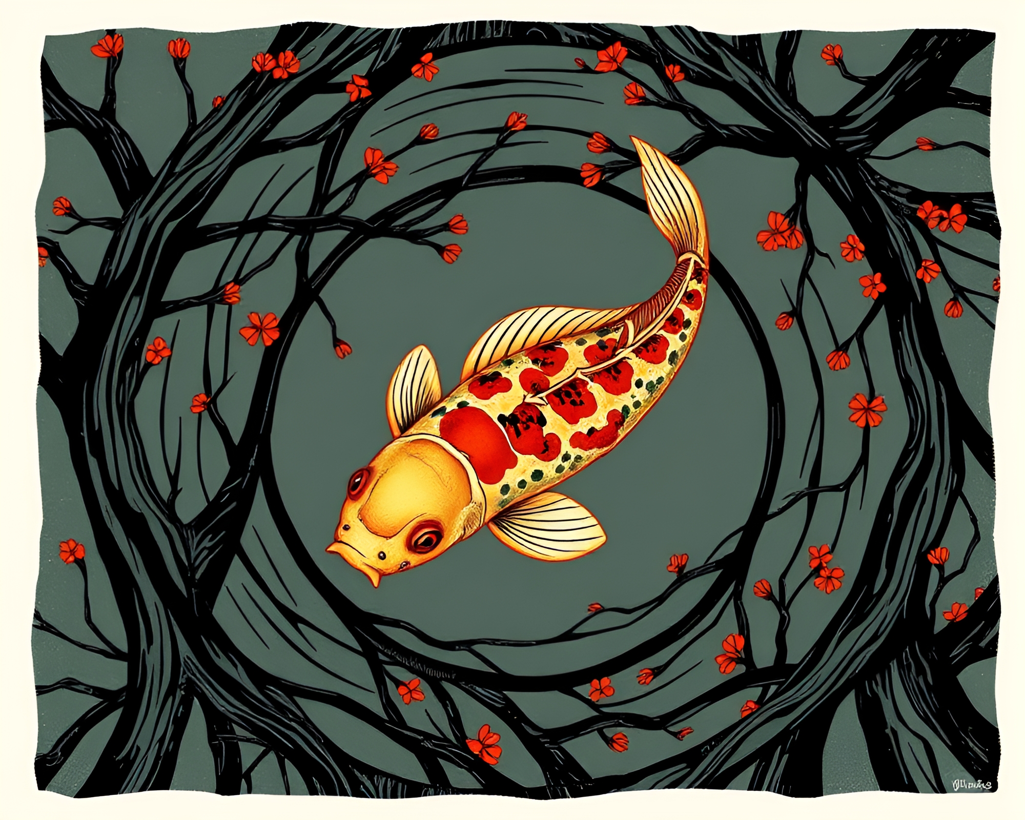Koi Fish Swimming in Tree Ring Patterns – free AI stock image