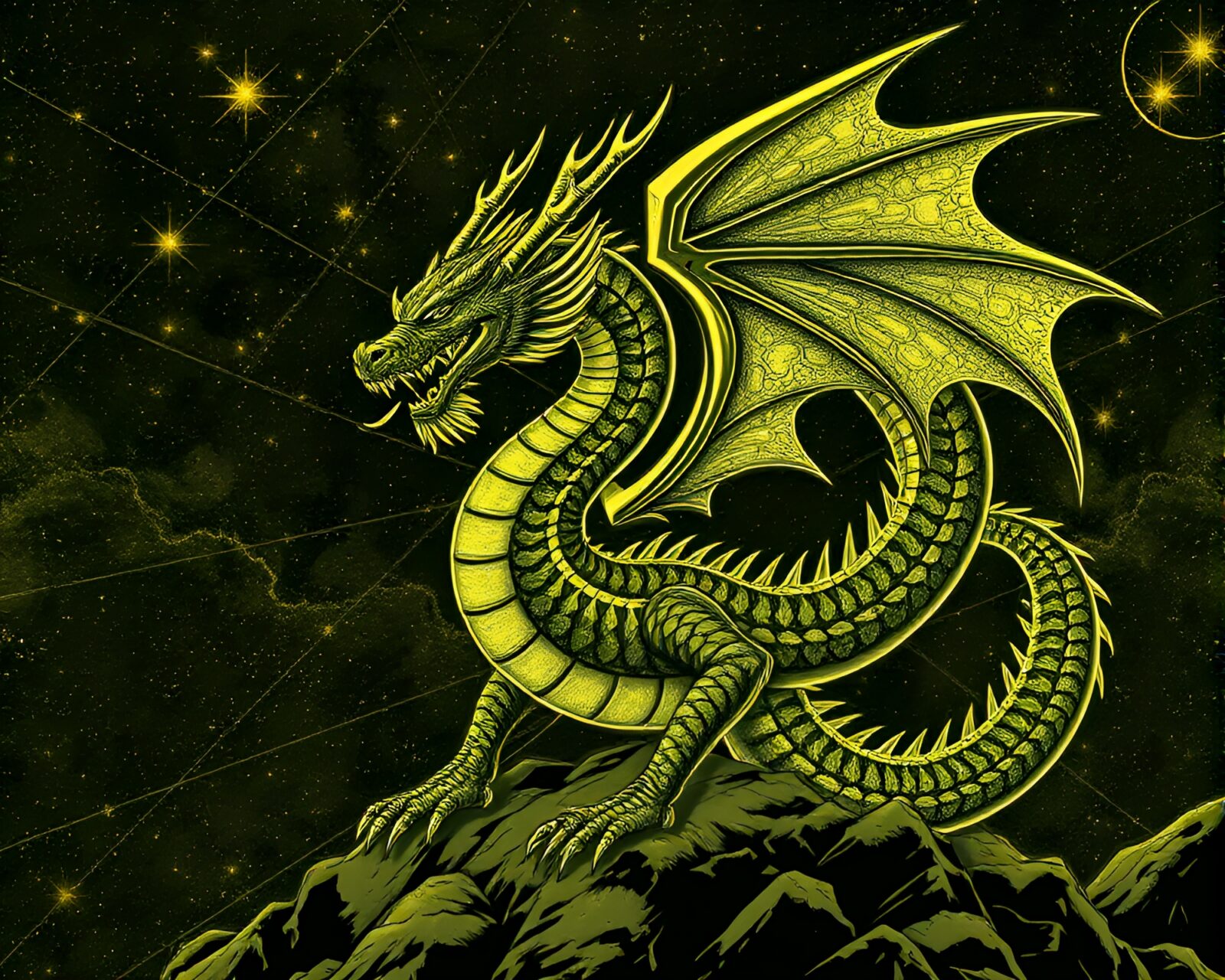 Manga olive drab toned dragon with scan lines