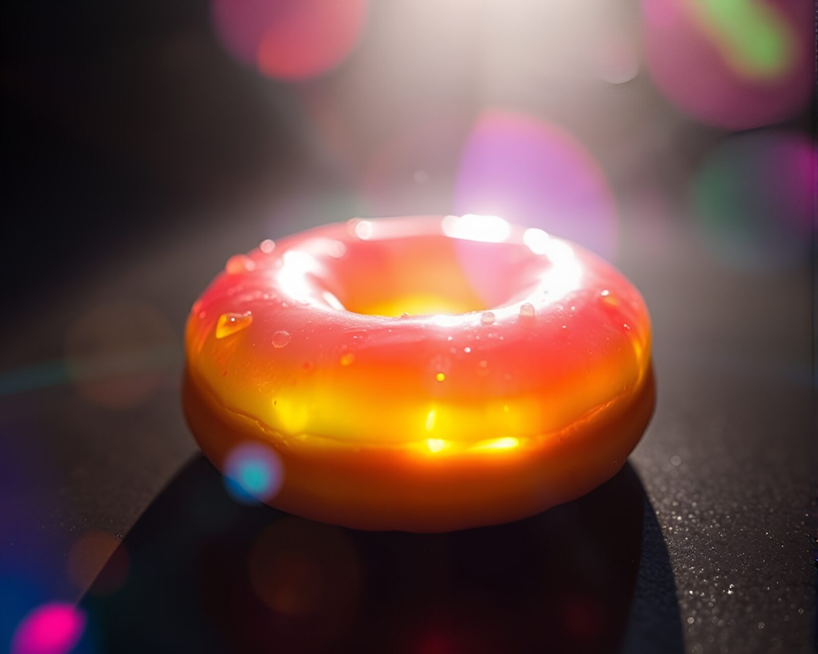Vibrant glowing calligraphy art featuring jelly doughnuts with chromatic hues