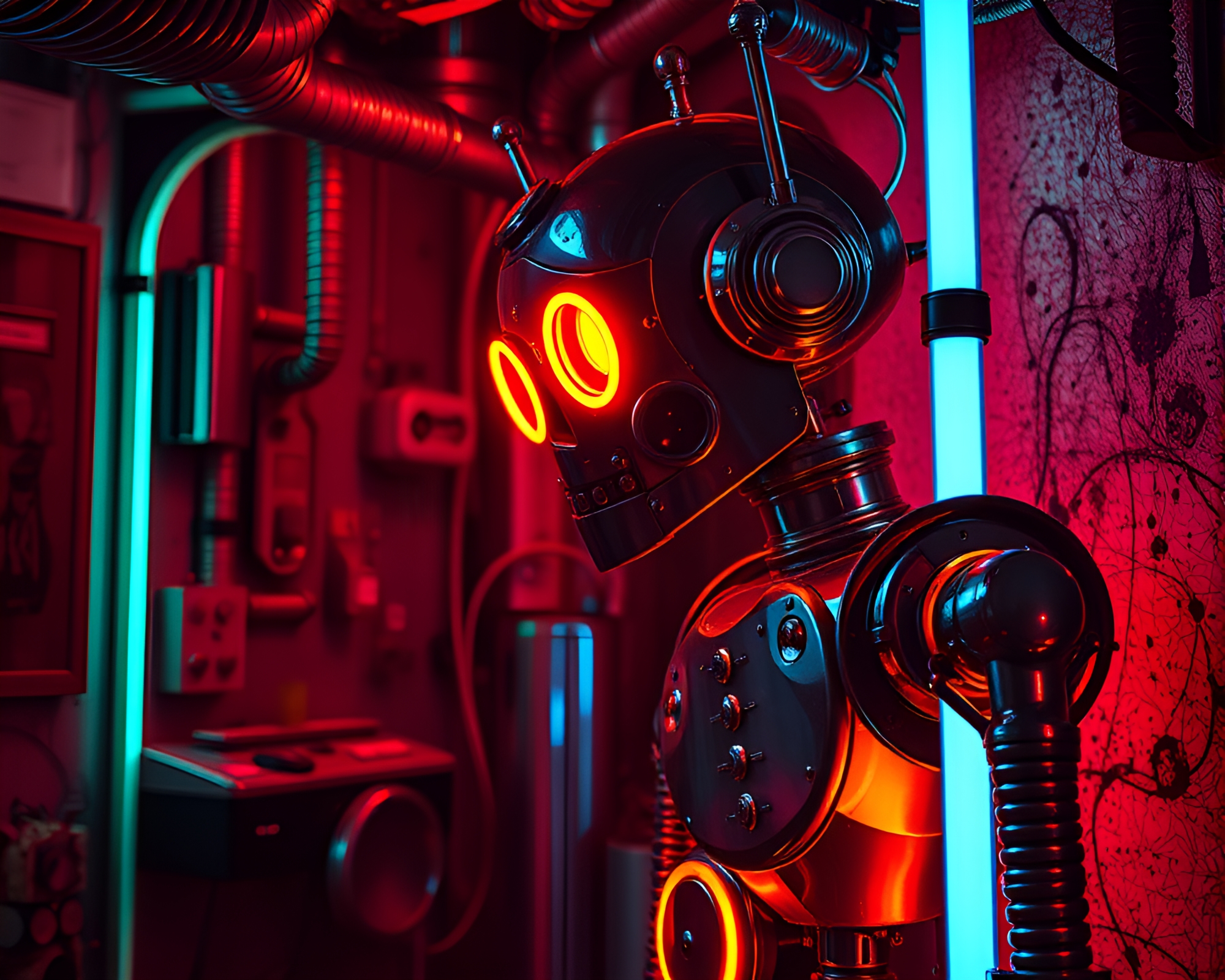 Steampunk Robot in Neon Basement – free AI stock image