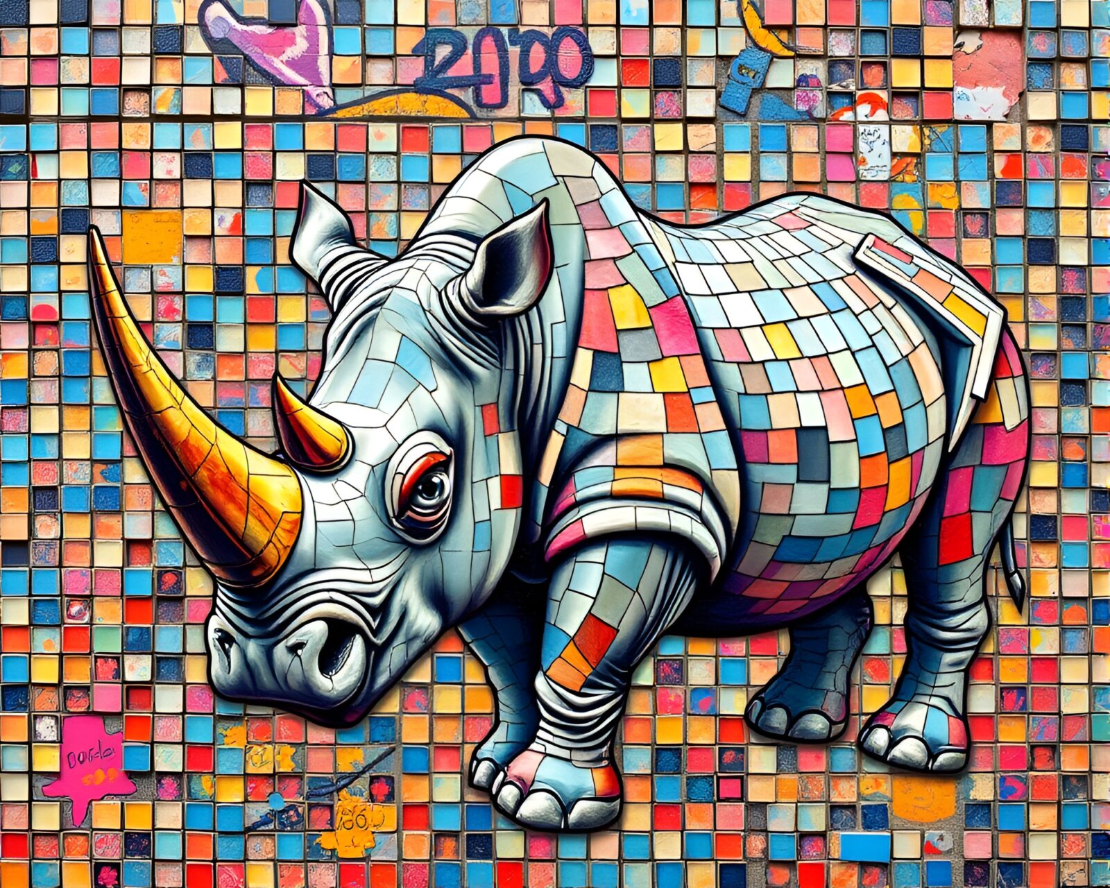 Colorful pastel rhinoceros graffiti in stunning stereoscopic 3D.