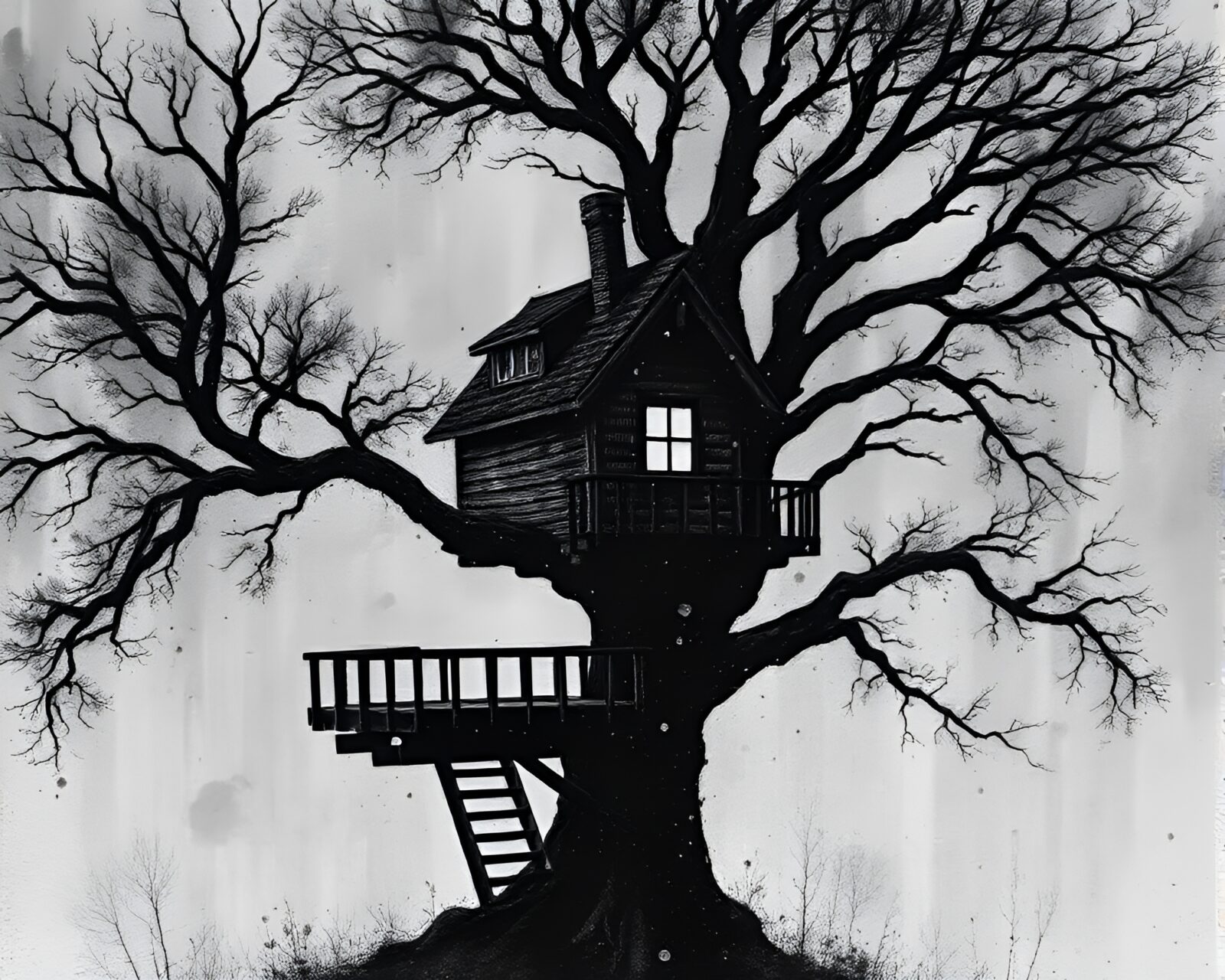 A mysterious treehouse in monochrome style with acrylic spatters and hard shadows