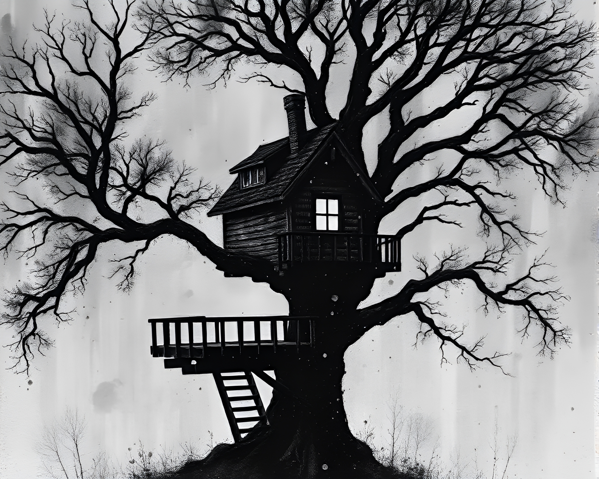 Enigmatic Monochrome Treehouse: Acrylic Splatters and Dramatic Shadows – free AI stock image