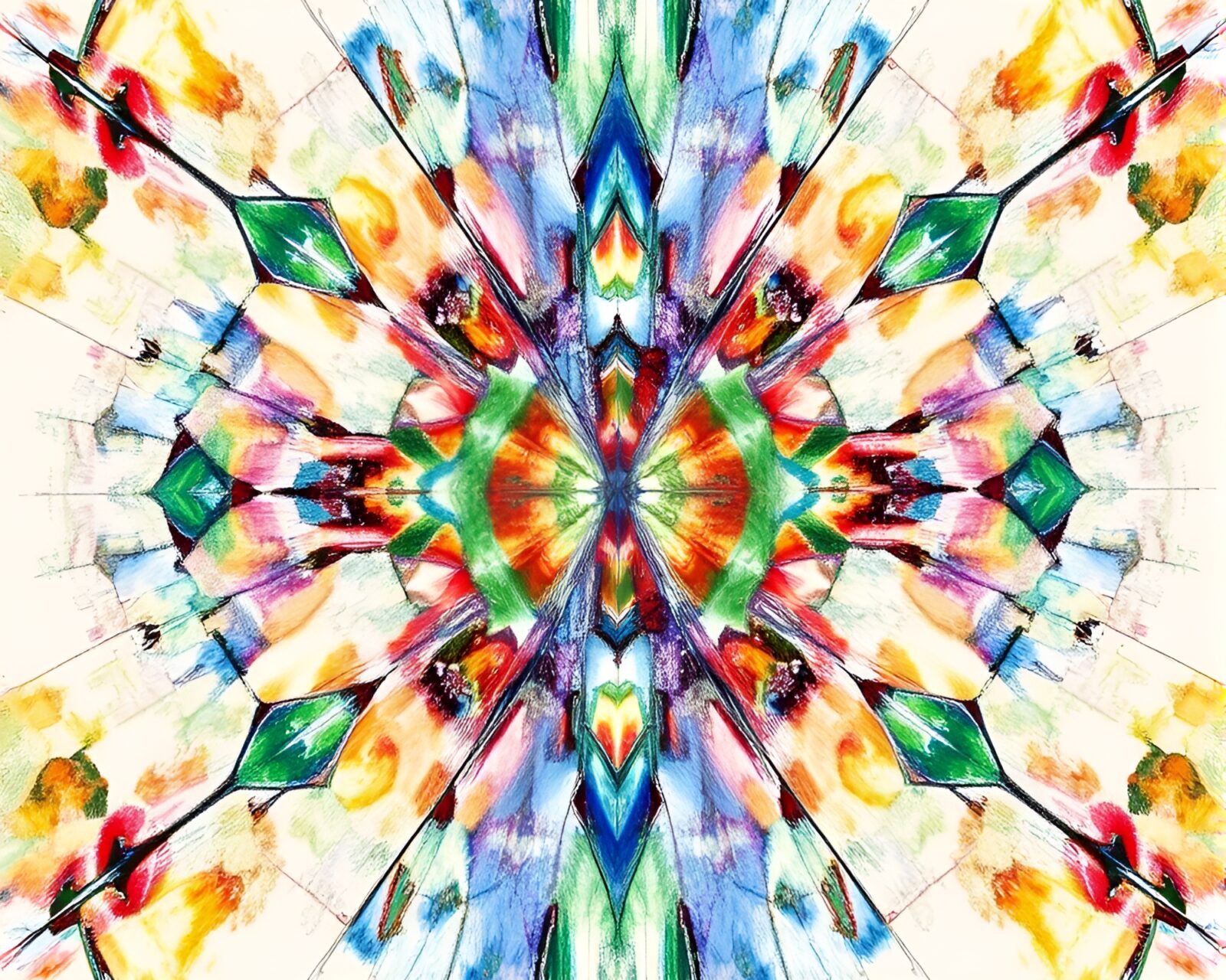 Conté crayon drawing of kaleidoscope waterfall reflecting broken glass