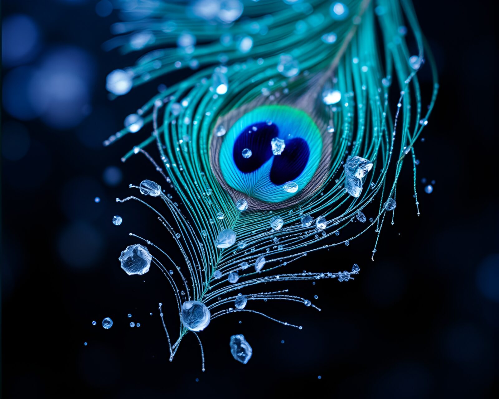 Abstract toon-shaded image of a peacock feather surrounded by icy crystals