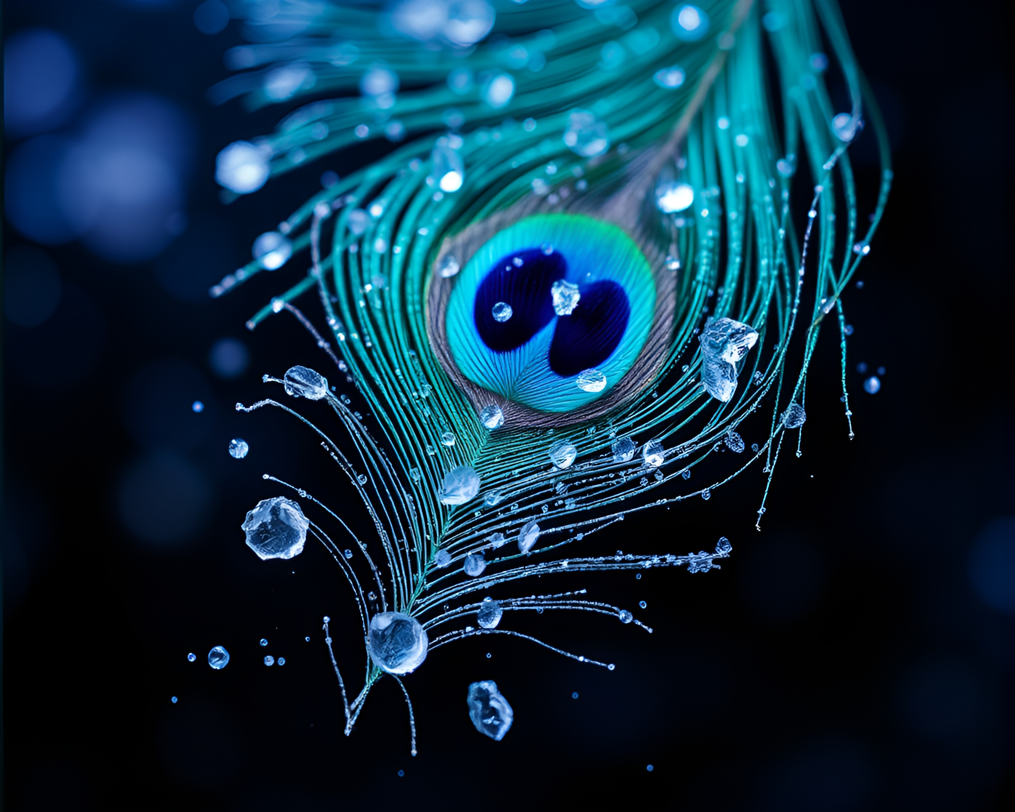 Vibrant Peacock Feather Enveloped in Cosmic Ice Crystals – free AI stock image