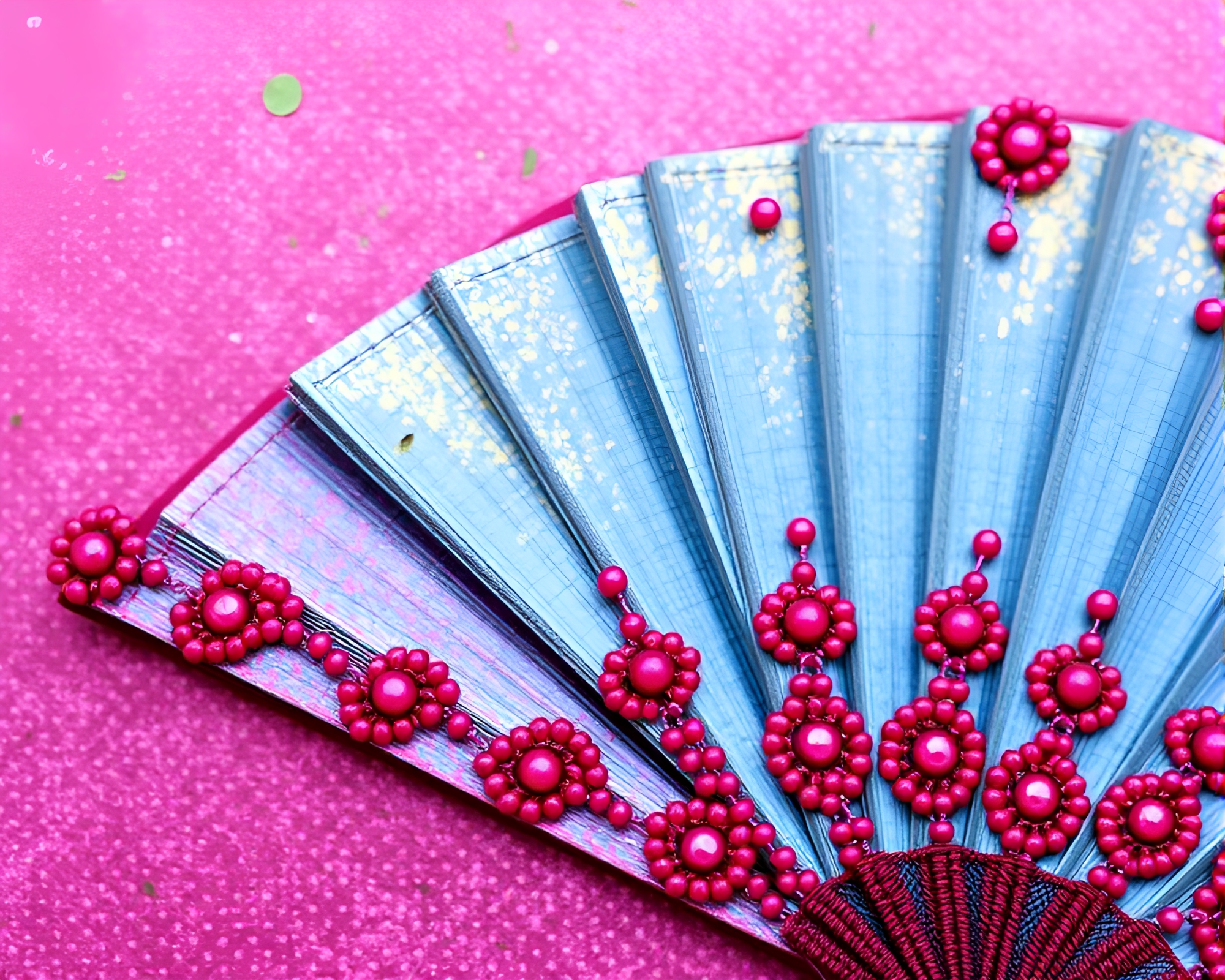 Hand-Painted Fan with Beadwork Accents in Magenta Punch – free AI stock image