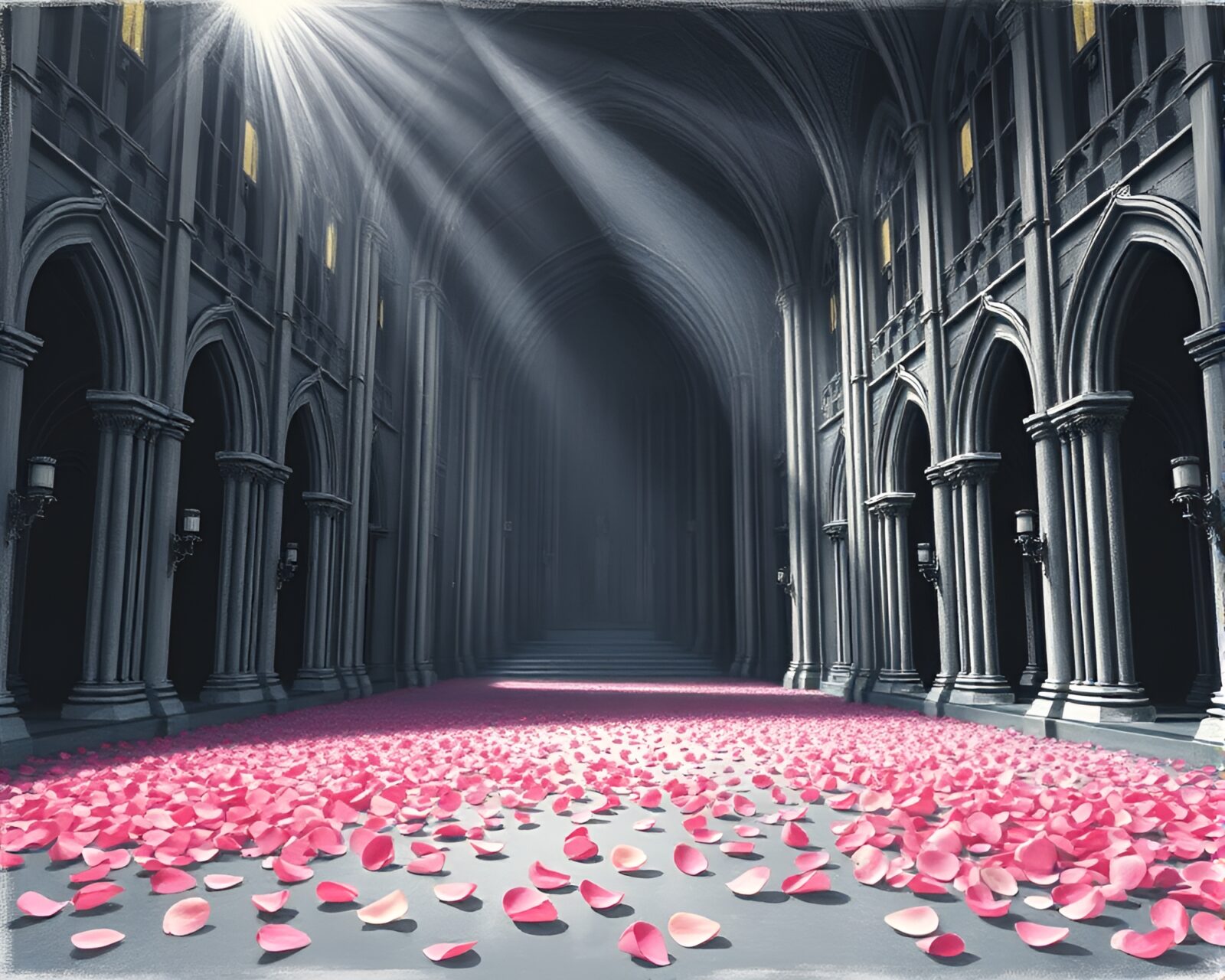 Chalk-drawn cathedral with dramatic spotlight on falling flower petals