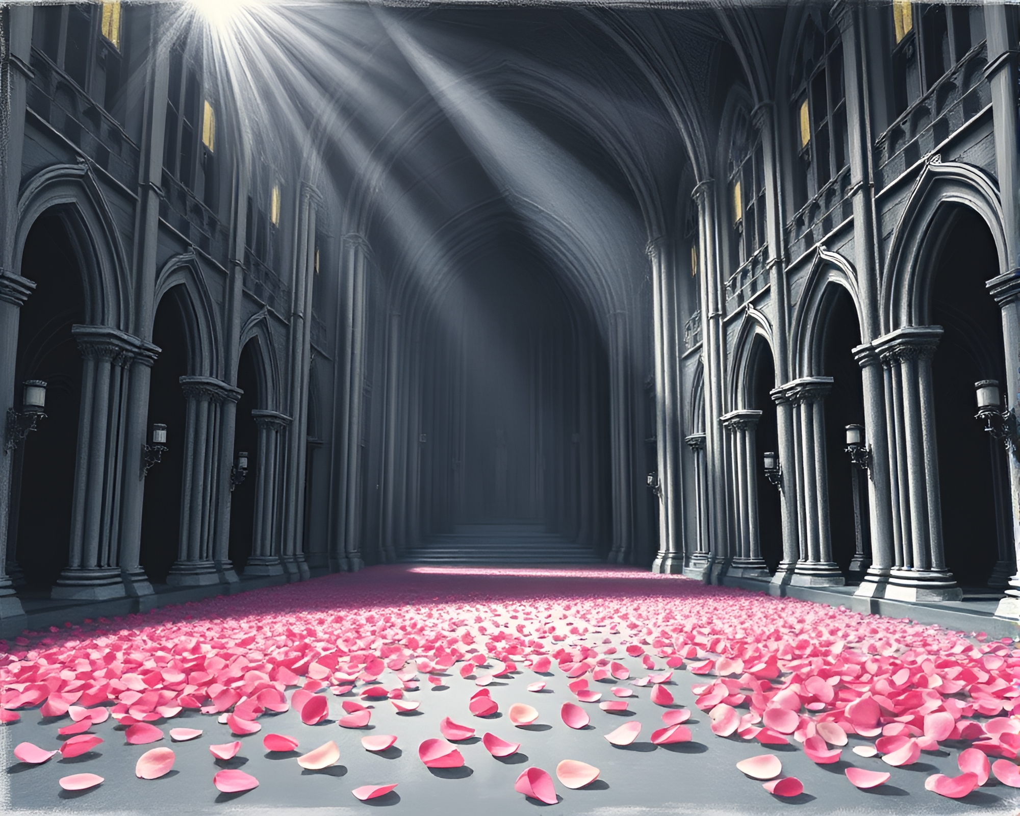 Gothic Cathedral Illuminated by Flower Petal Spotlights – free AI stock image