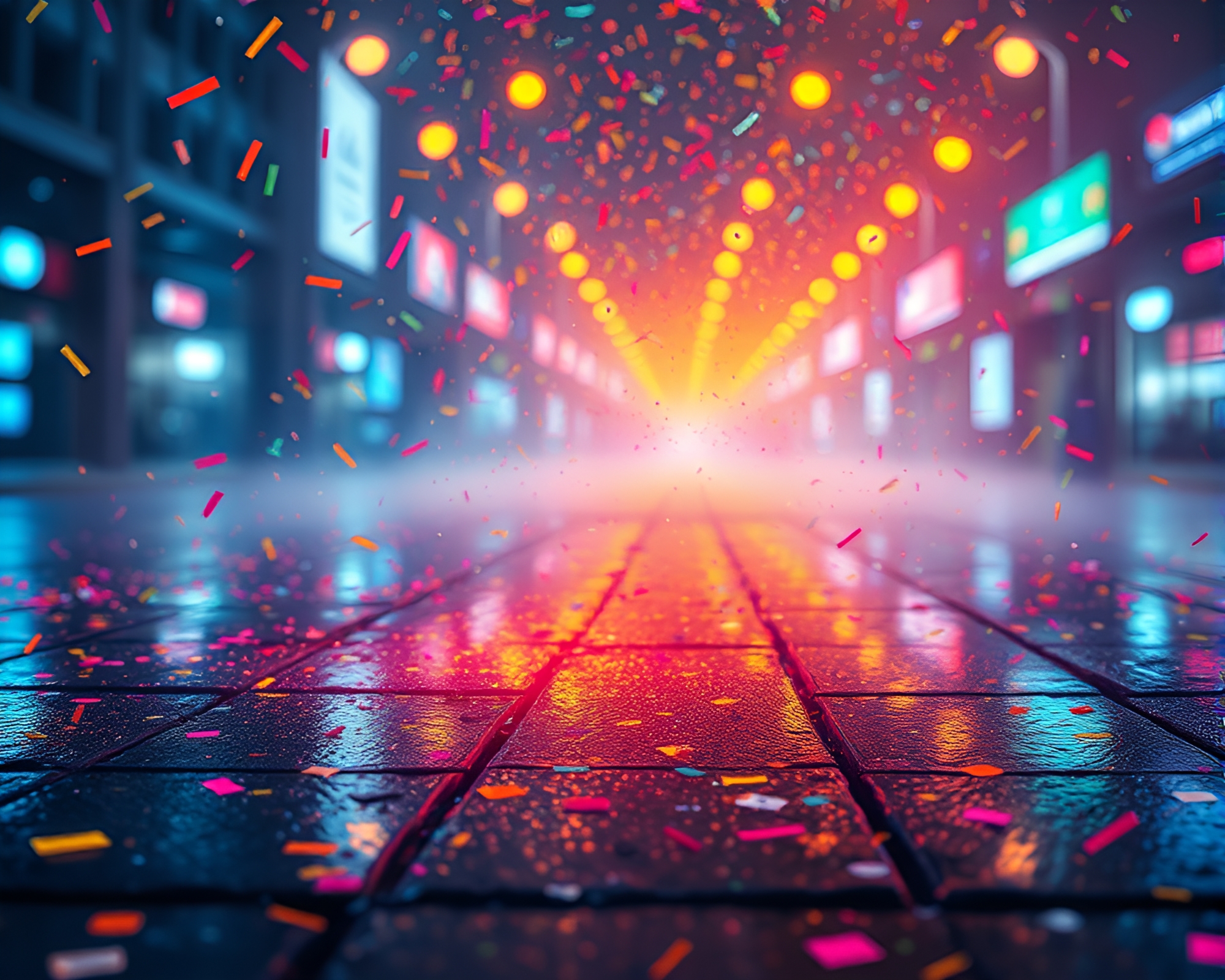 Neon Cyborg on Reflective Wet Pavement with Confetti Burst – free AI stock image