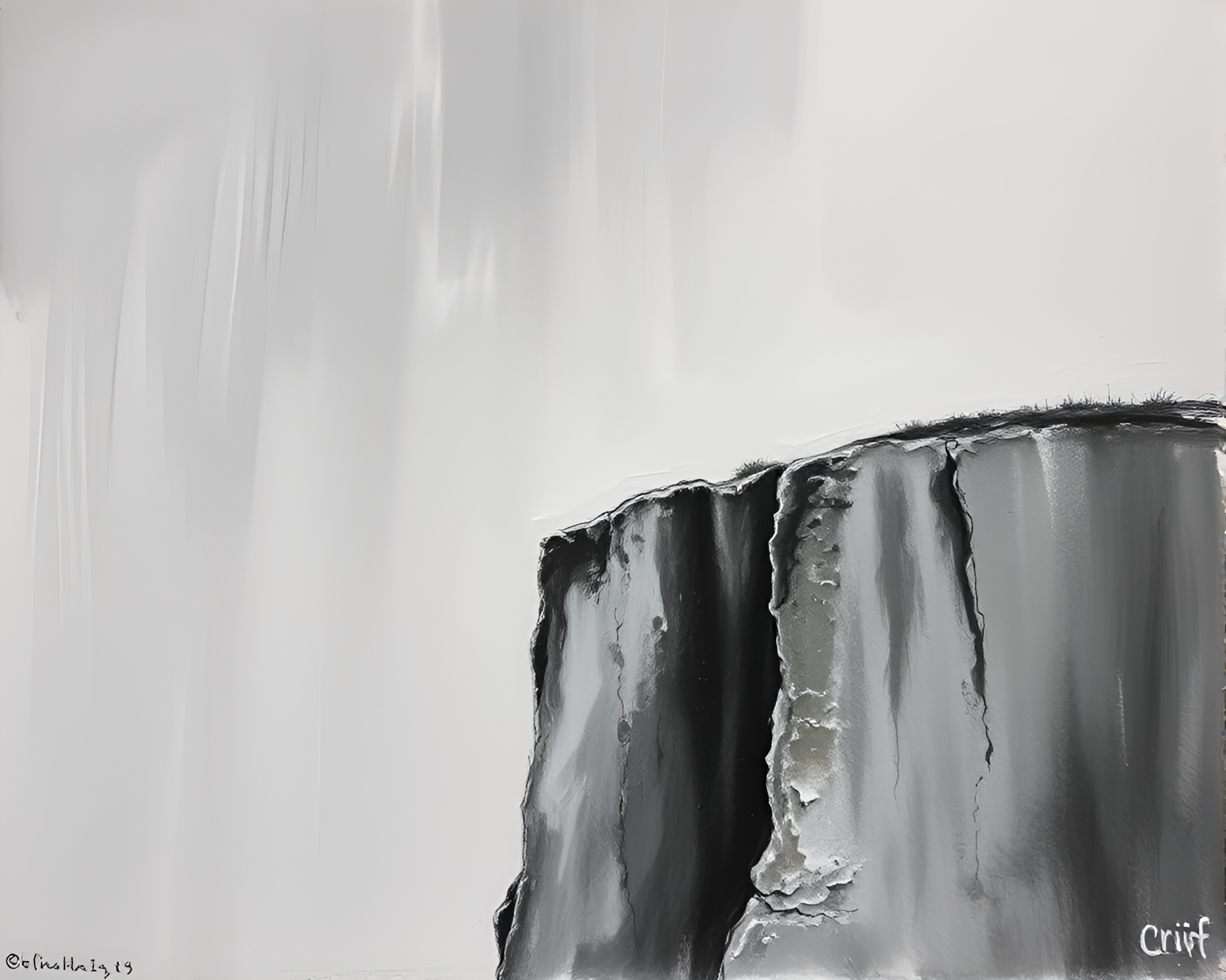 Graffiti-covered cliff under graphite skies – free AI stock image