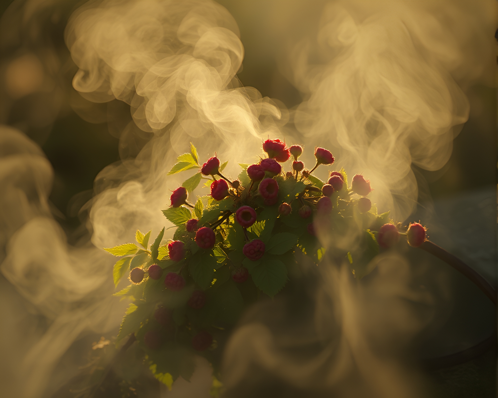Raspberry Bush in Steam Vapor with Lens Flare Calligraphy – free AI stock image