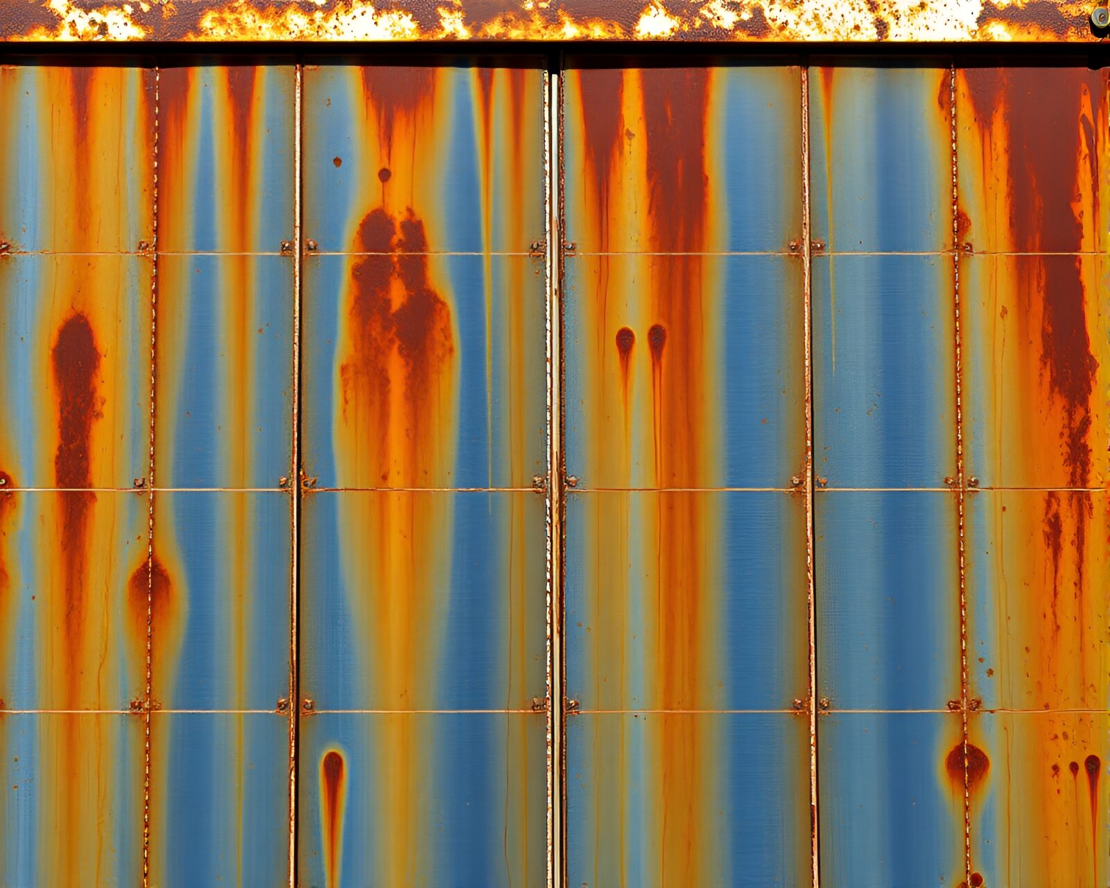 Trompe-l'oeil solar panels with rust stains in vivid hues