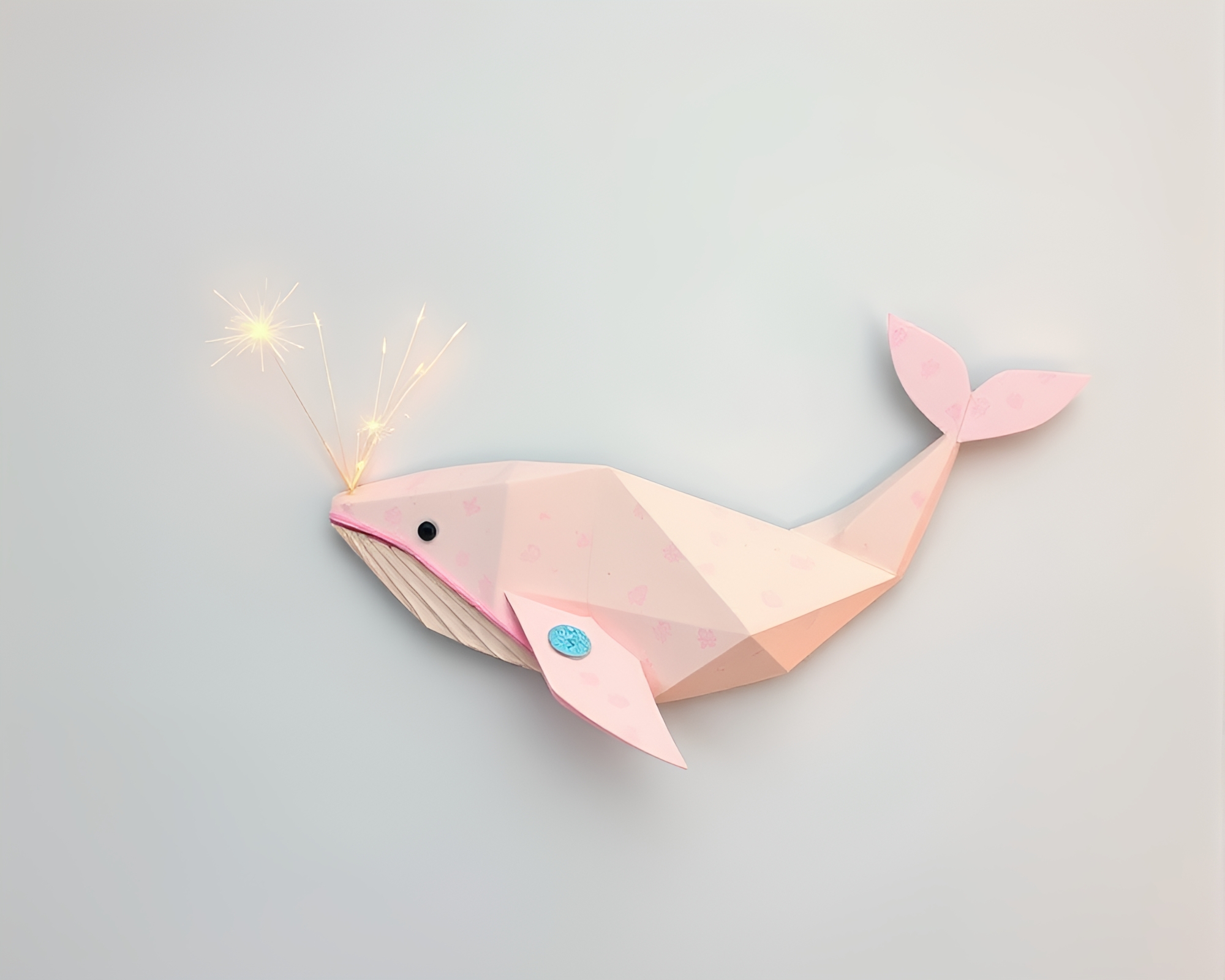 Whale sculpture with sparkler trail in pastel origami style – free AI stock image