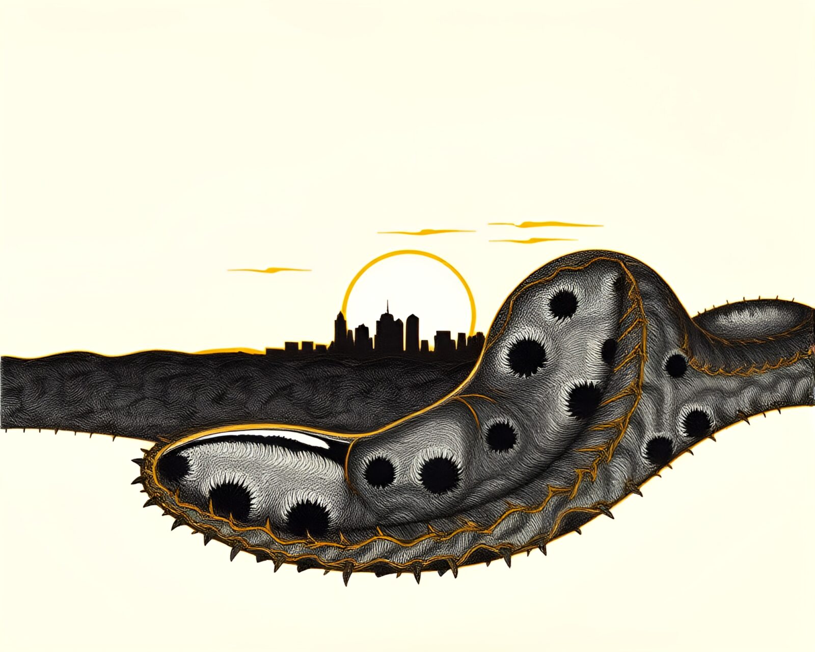 Etched skyline at sunset with armadillo in golden spiral