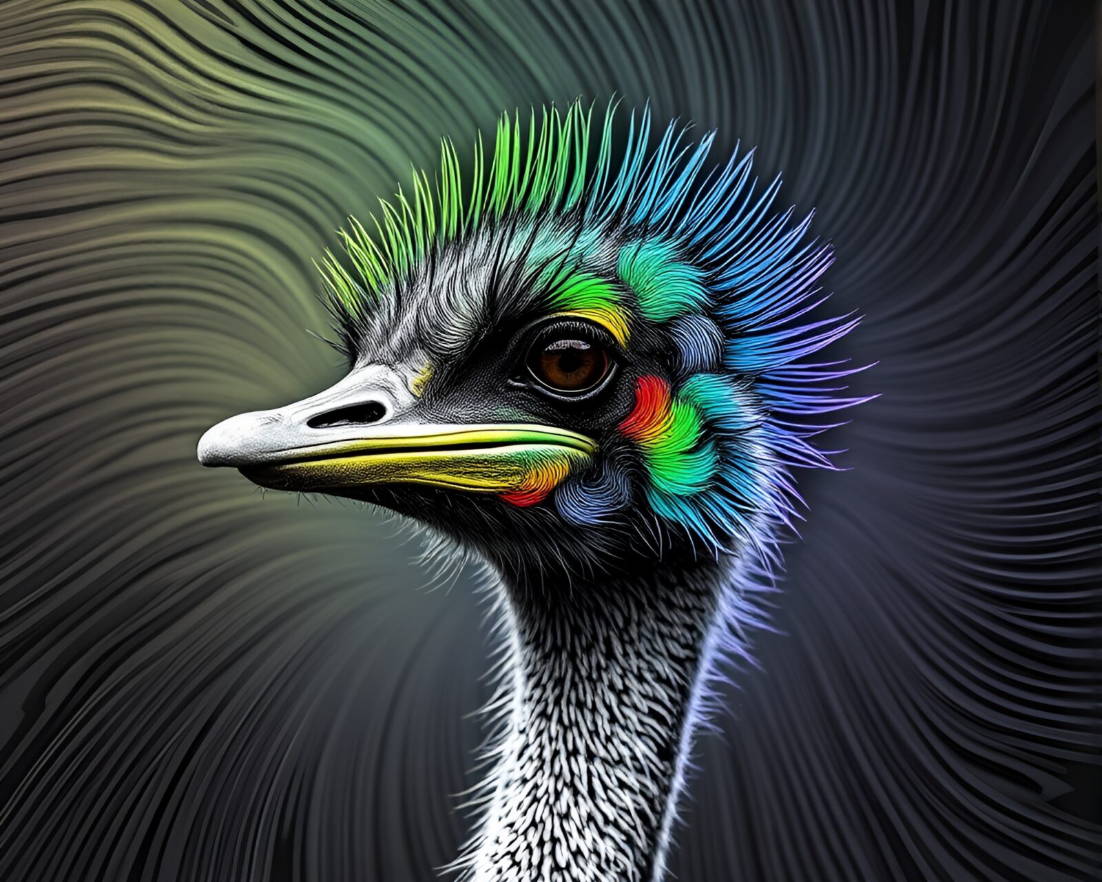 Monochrome artwork of an ostrich surrounded by rainbow swirls