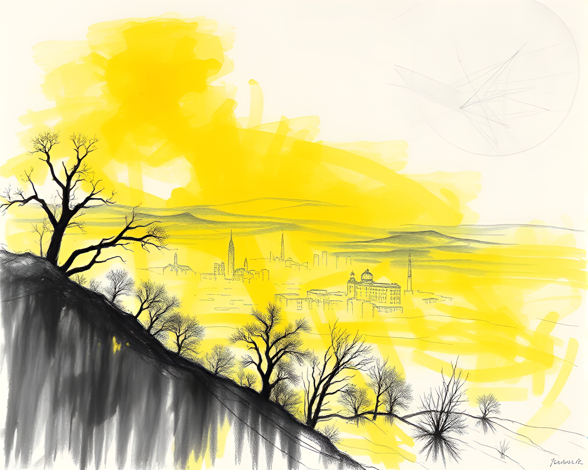 Surreal Lemon Yellow Panoramic Charcoal Photocollage – free AI stock image