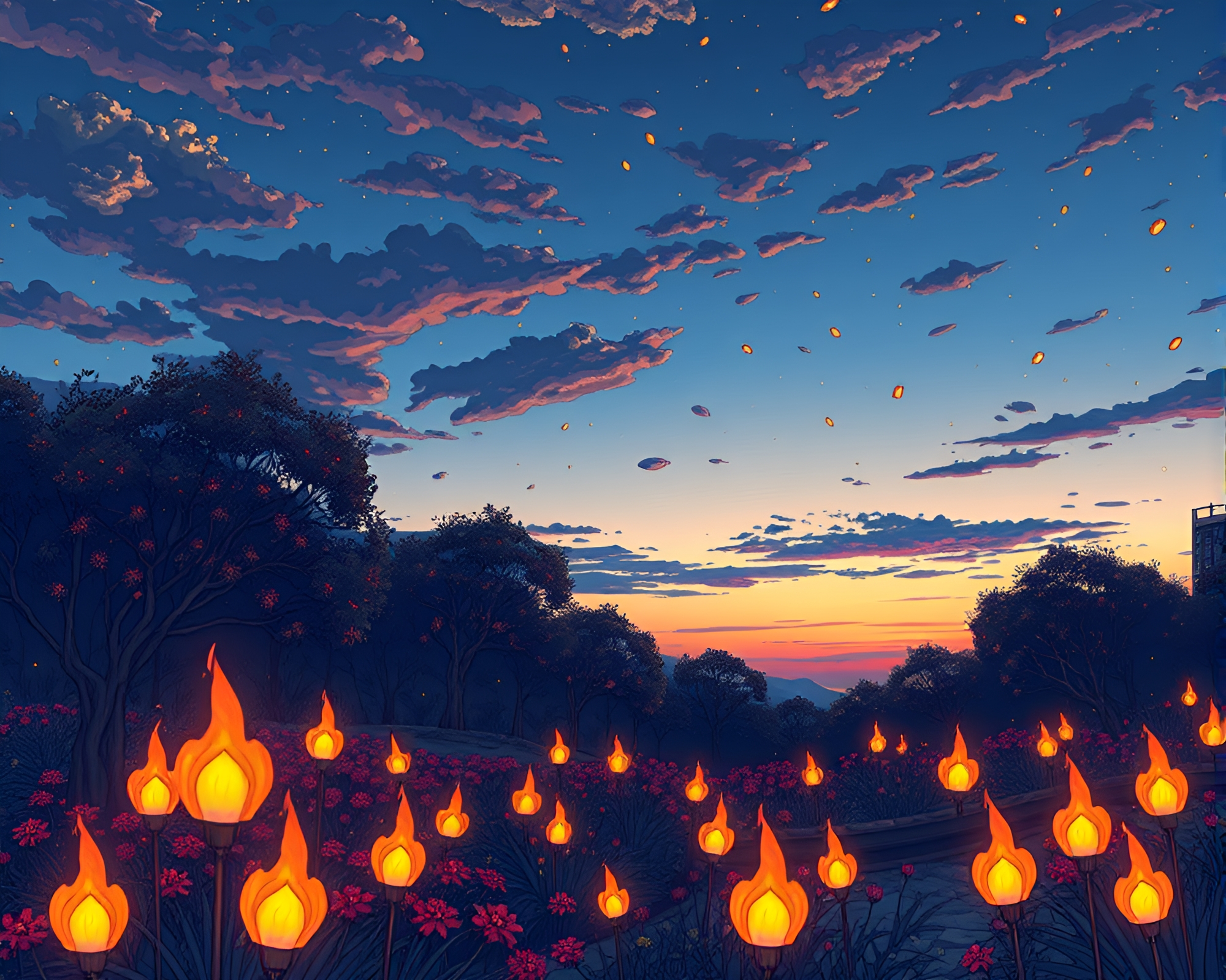 Twilight Sky Garden with Floating Embers Line Art – free AI stock image