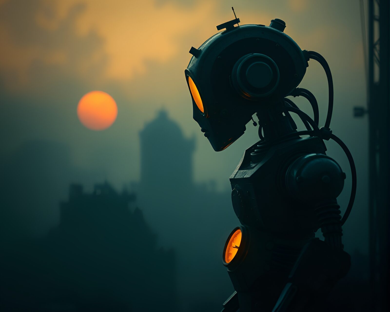 Steampunk robot emerging from mist in early morning light