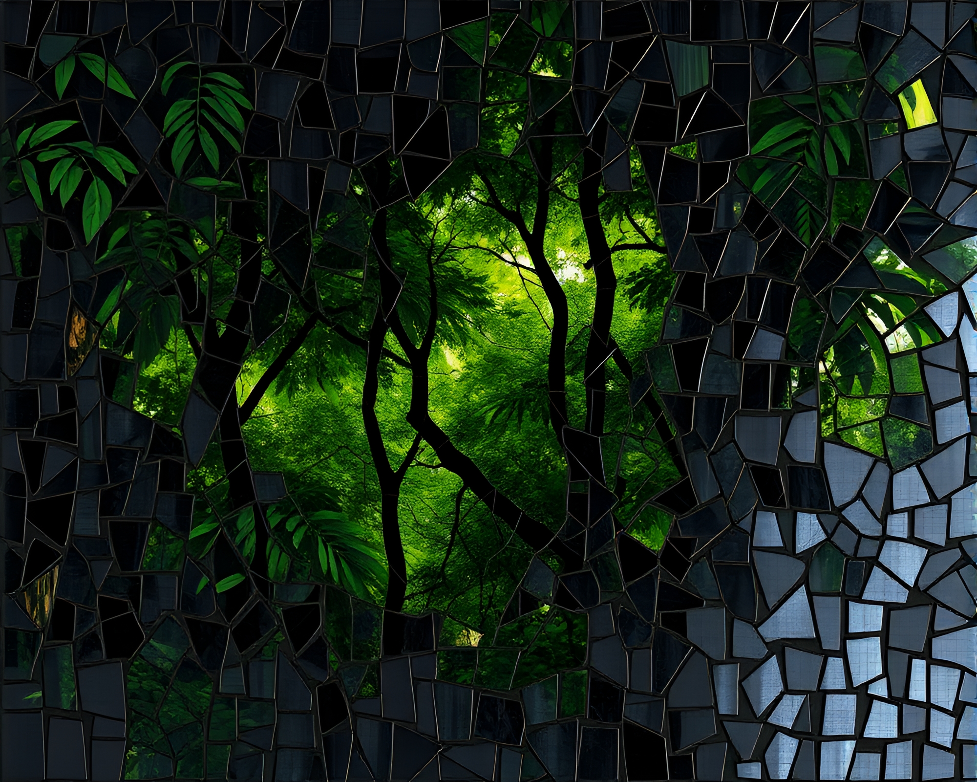Rainforest Canopy Fragmented Mosaic in Charcoal Black – free AI stock image