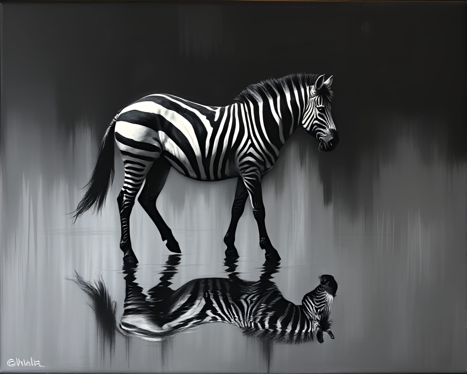Artistic oil depiction of zebra reflecting on dark surface