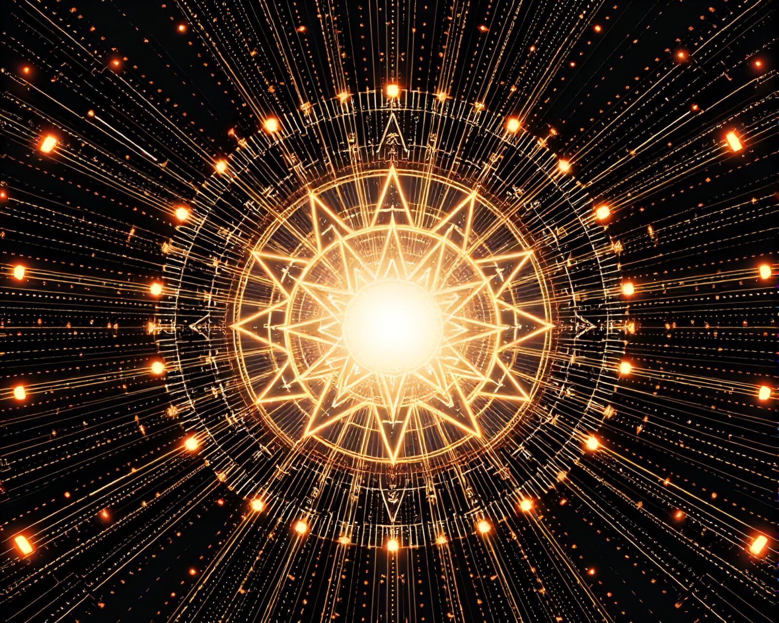 Abstract artwork of intricate sigil surrounded by digital dots and light beams