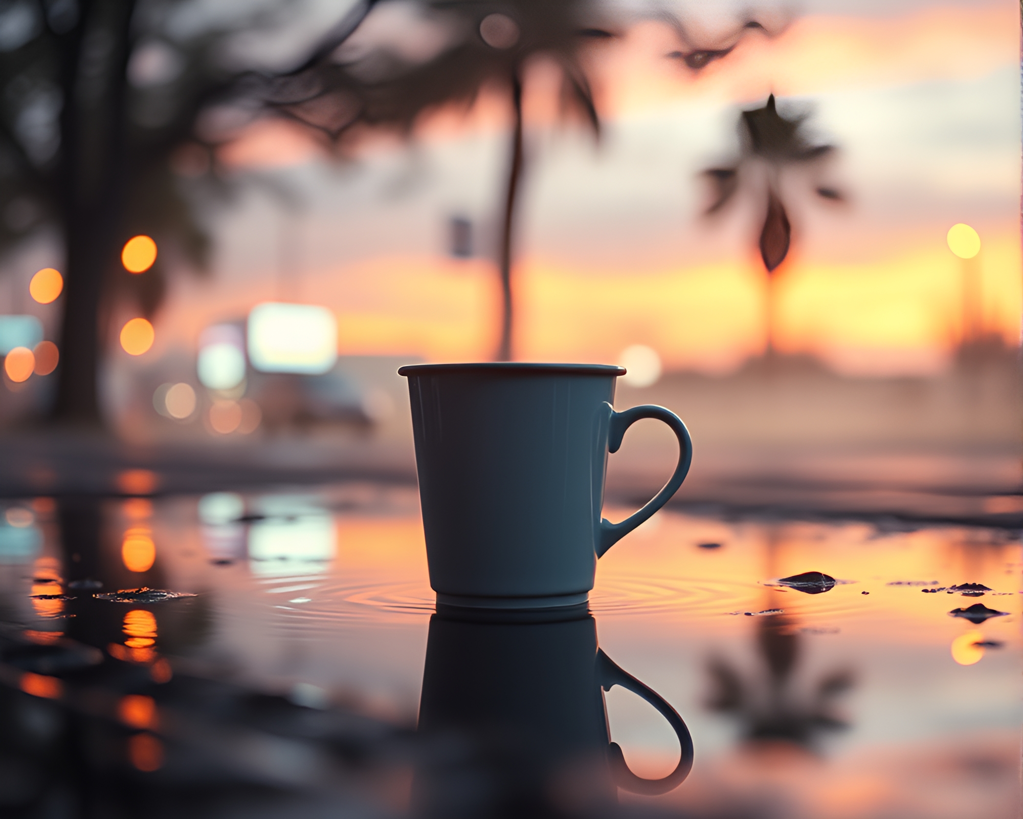 Coffee Cup Reflection in Digital Twilight Haze – free AI stock image