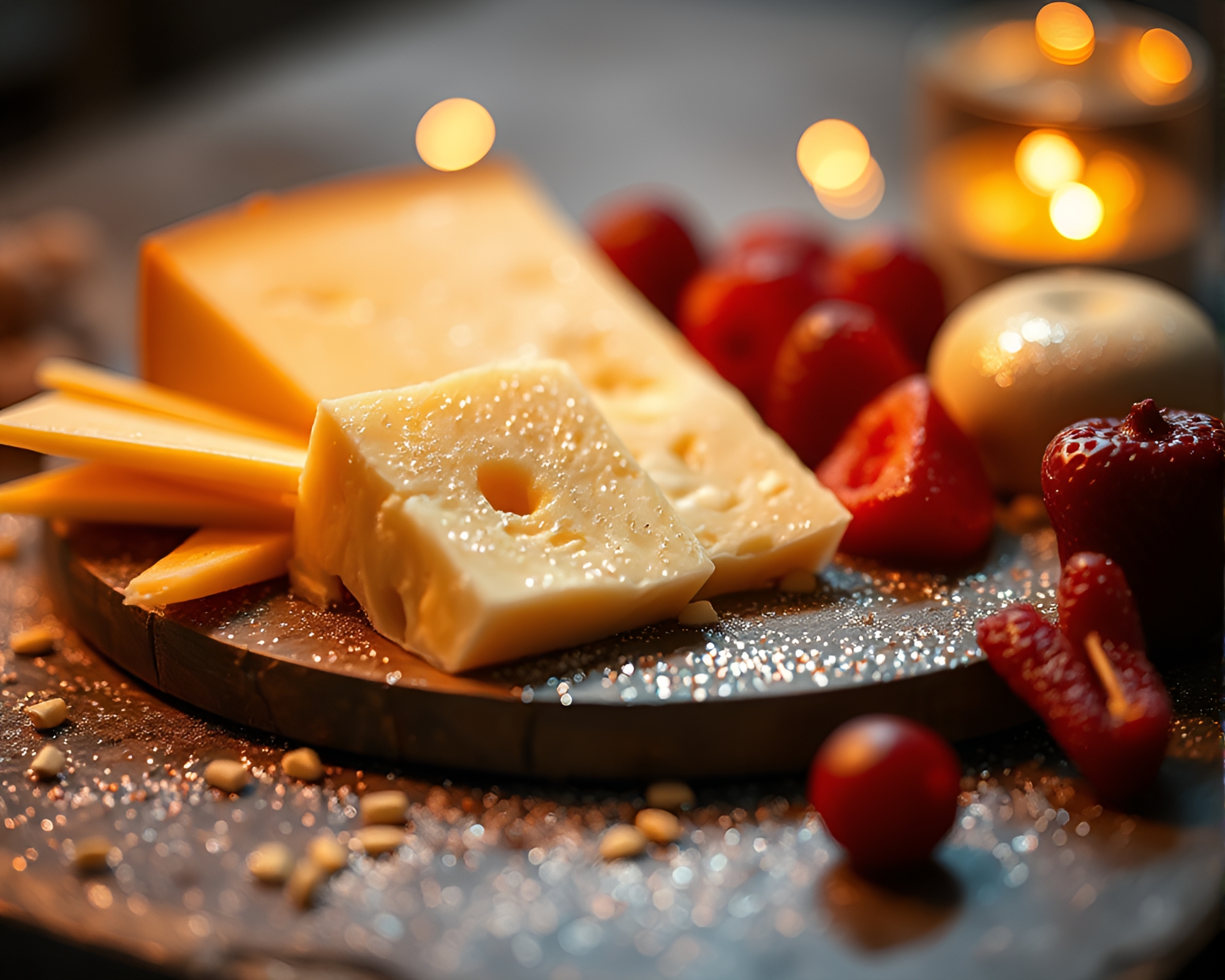 Cheese Platter with Glitter Dust in Soft Focus Background – free AI stock image