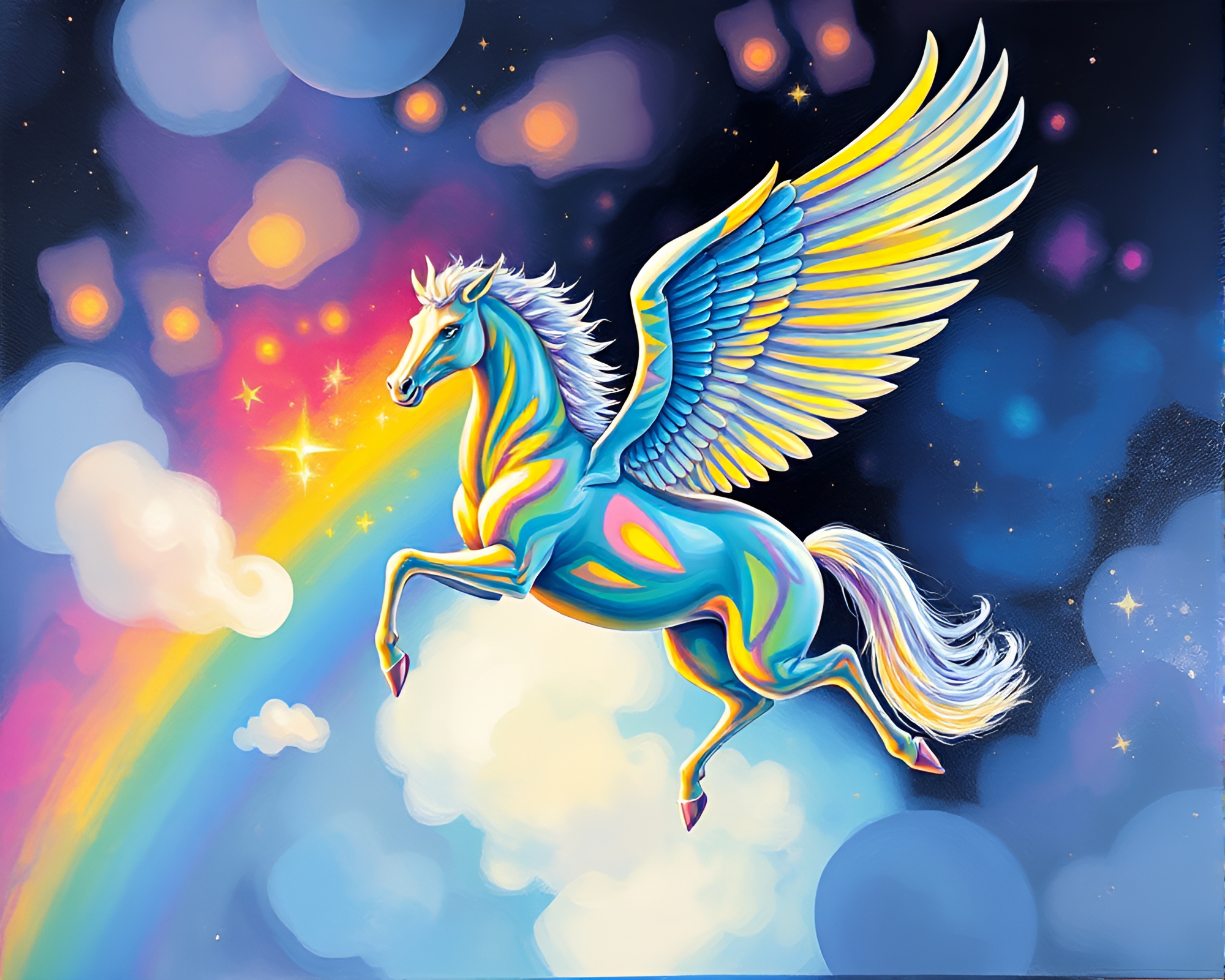 Prismatic Pegasus in Gouache Brilliance – free AI stock image