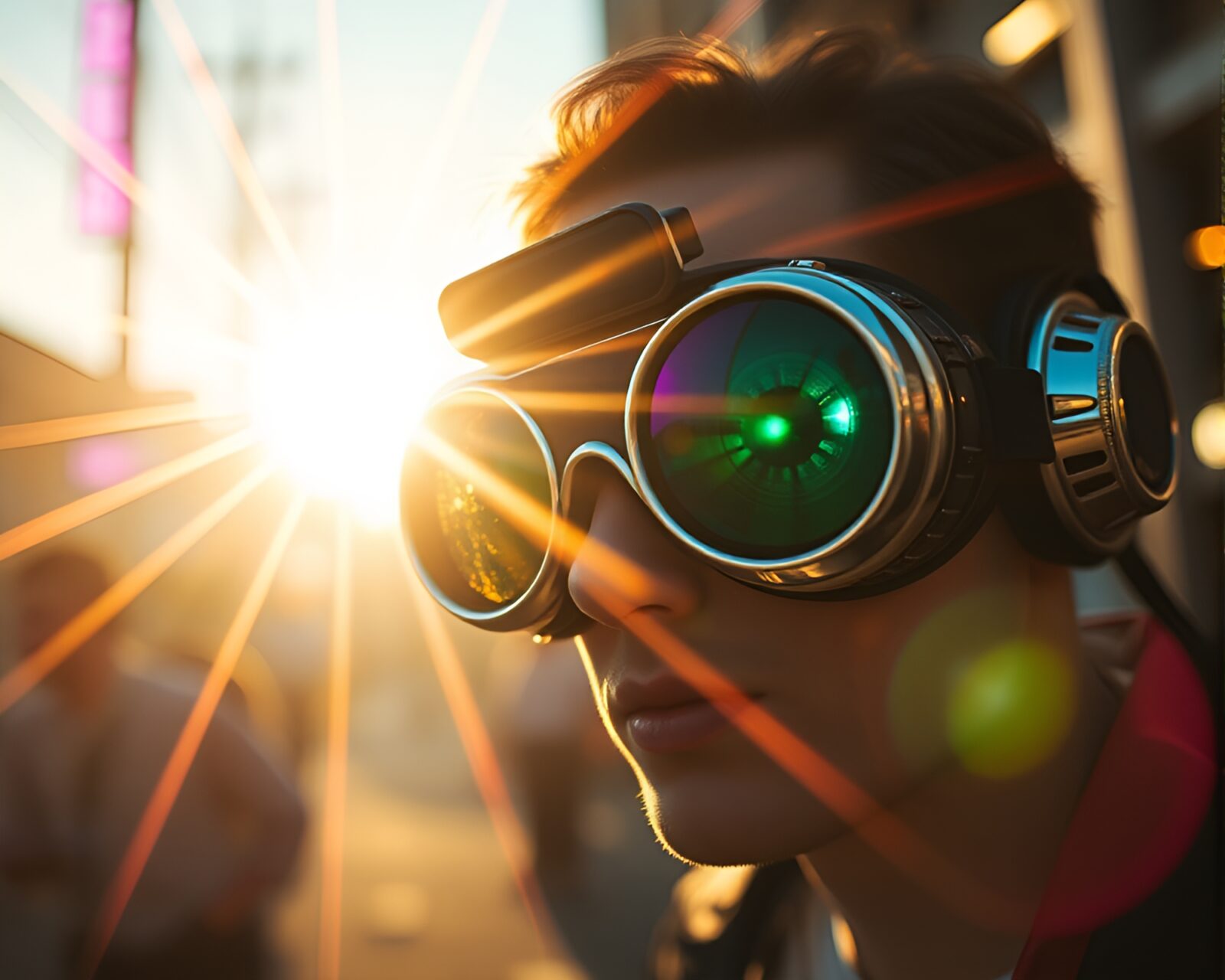 Steampunk-themed wide shot with vibrant lens flare bursts
