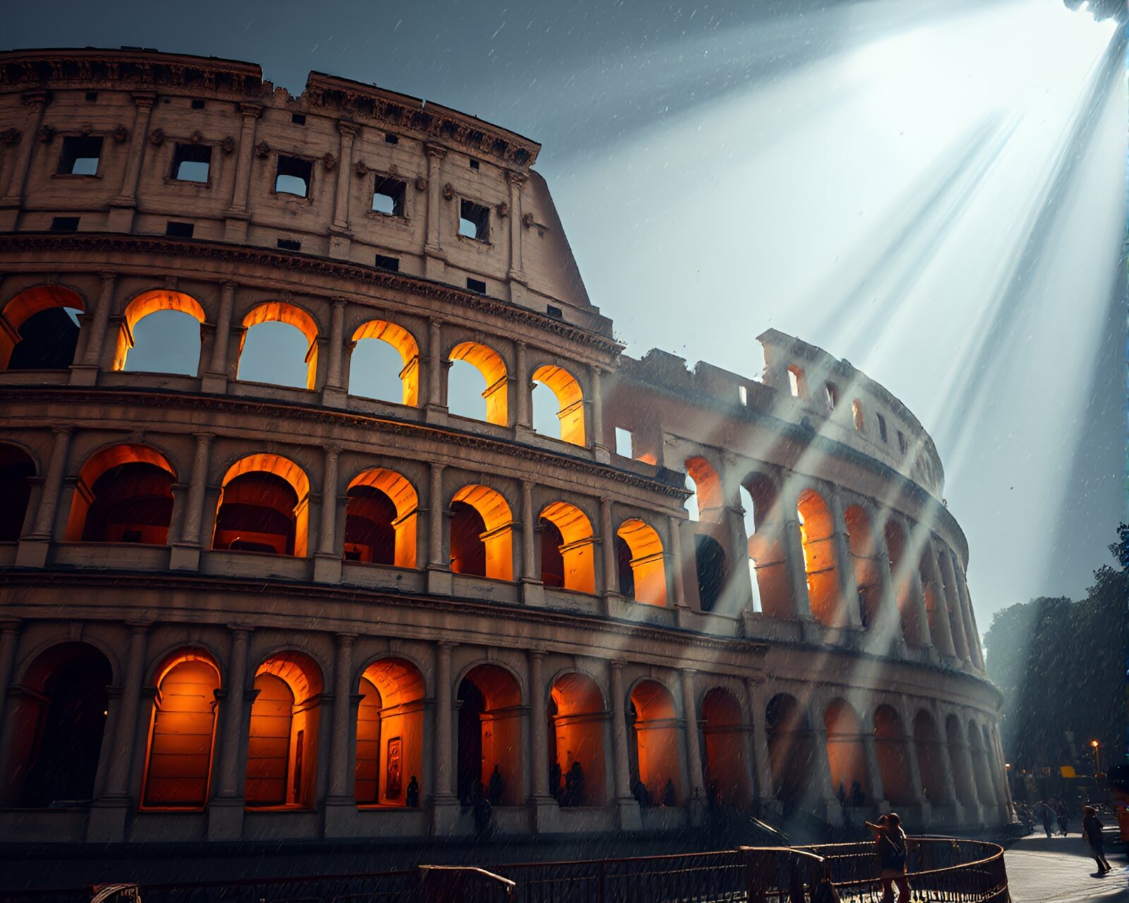 Abstract interpretation of Roman coliseum with vibrant acrylic spatters