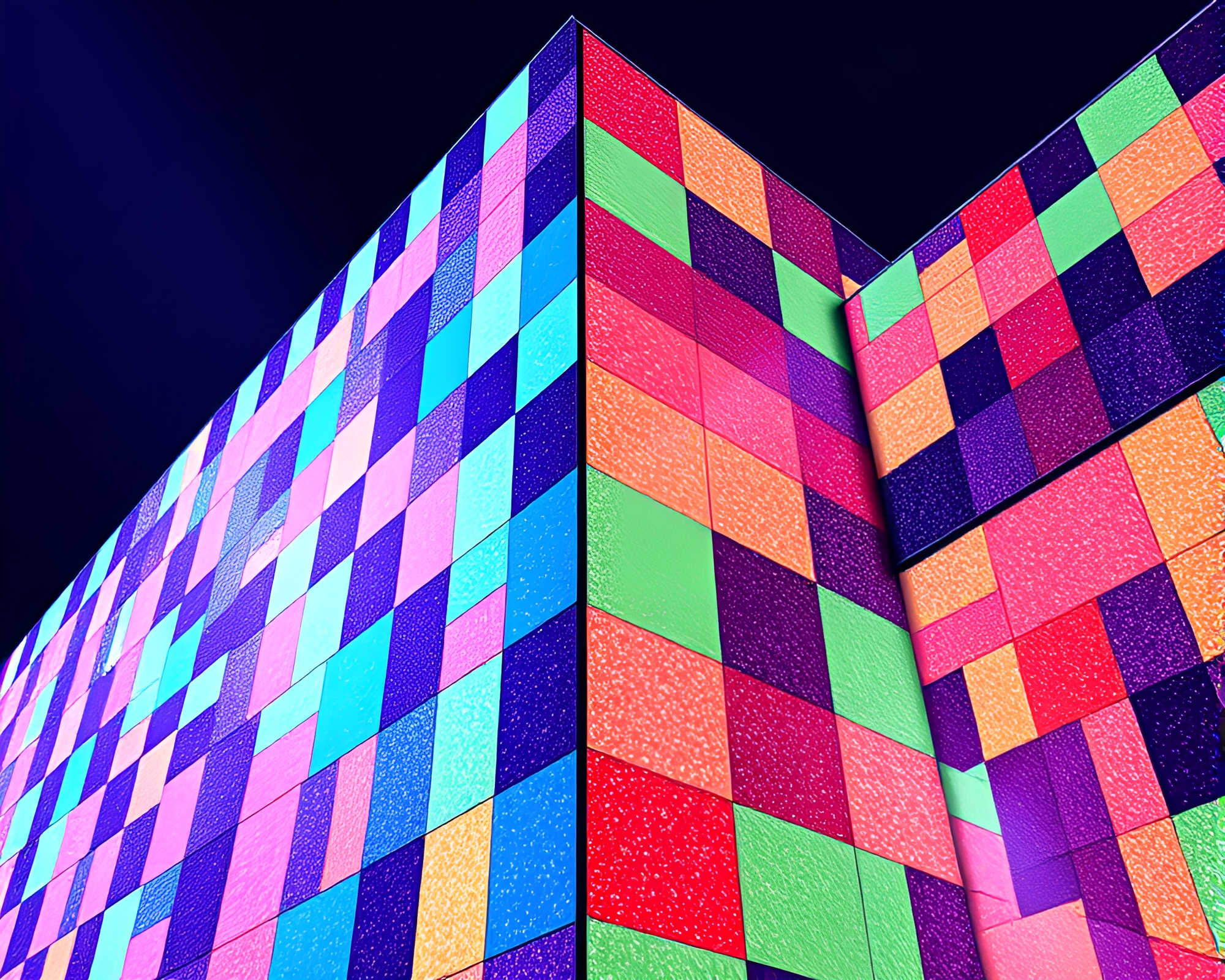 Luminous Brutalist Building with UV Checkered Sky – free AI stock image