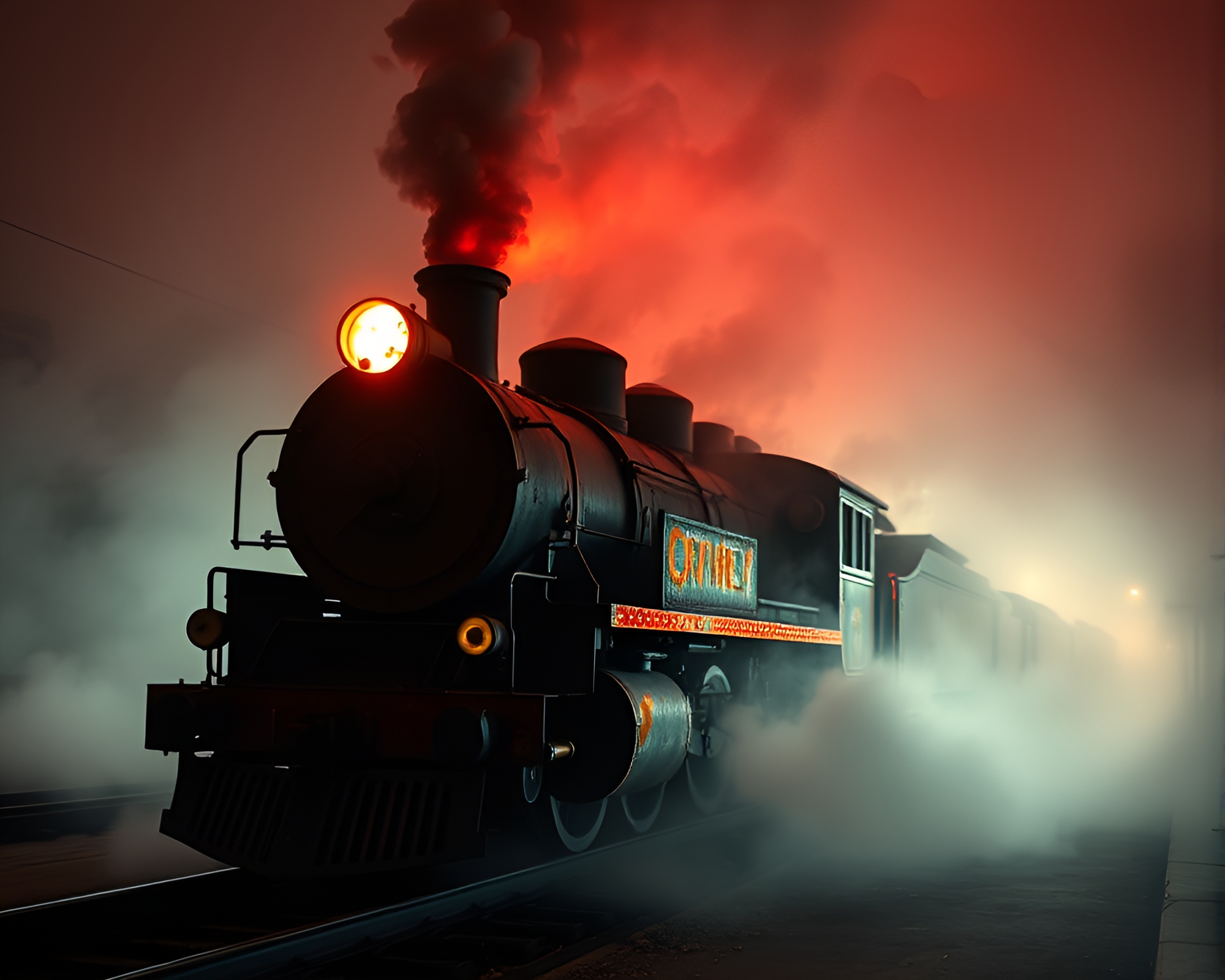 Steam locomotive in LED-lit foggy rust stains – free AI stock image
