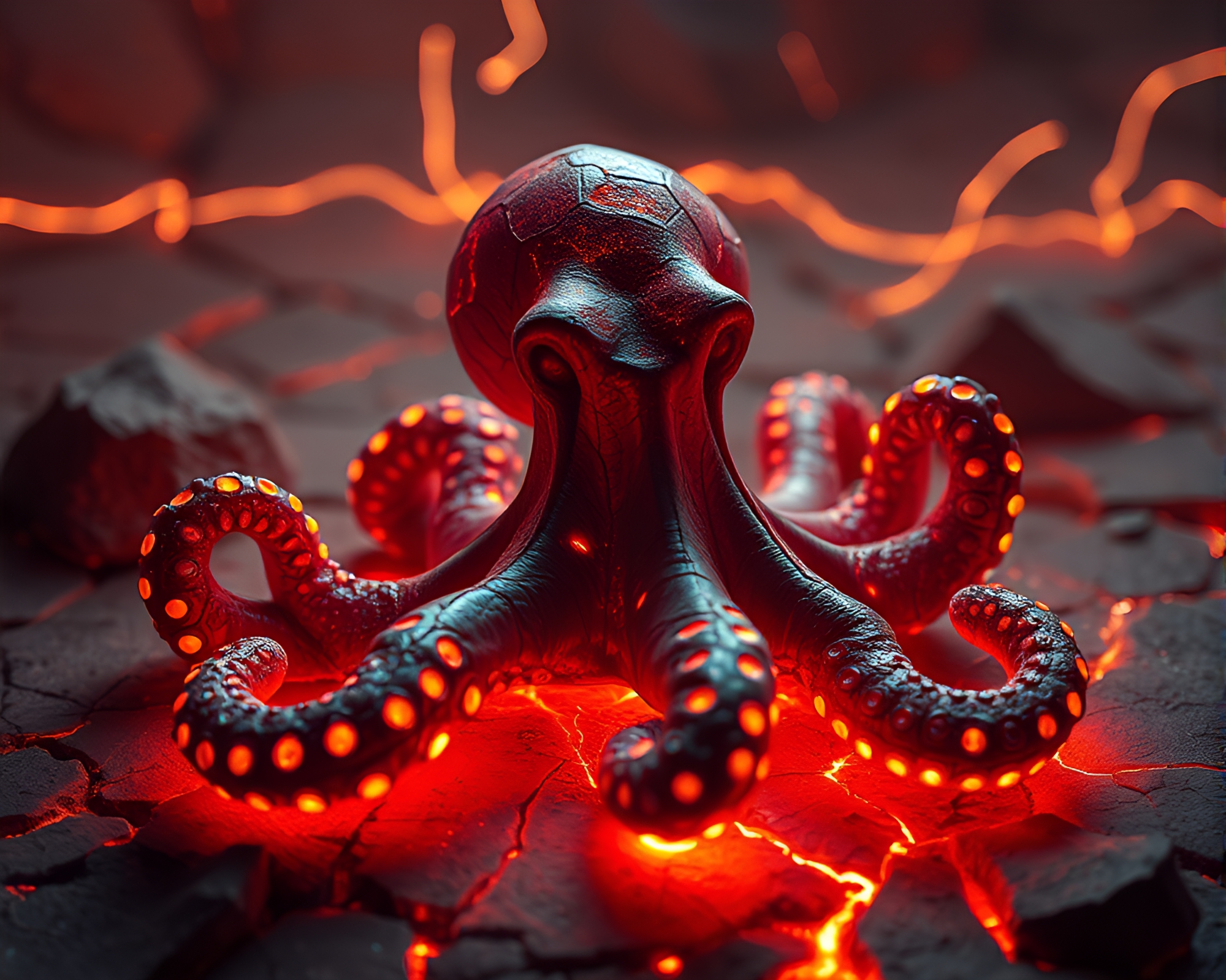 Neon-lit Octopus Emerging from Cracked Earth – free AI stock image
