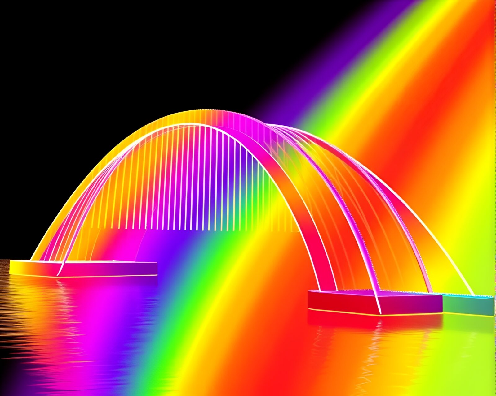 A colorful glass bridge with rainbow lighting and halftone pattern