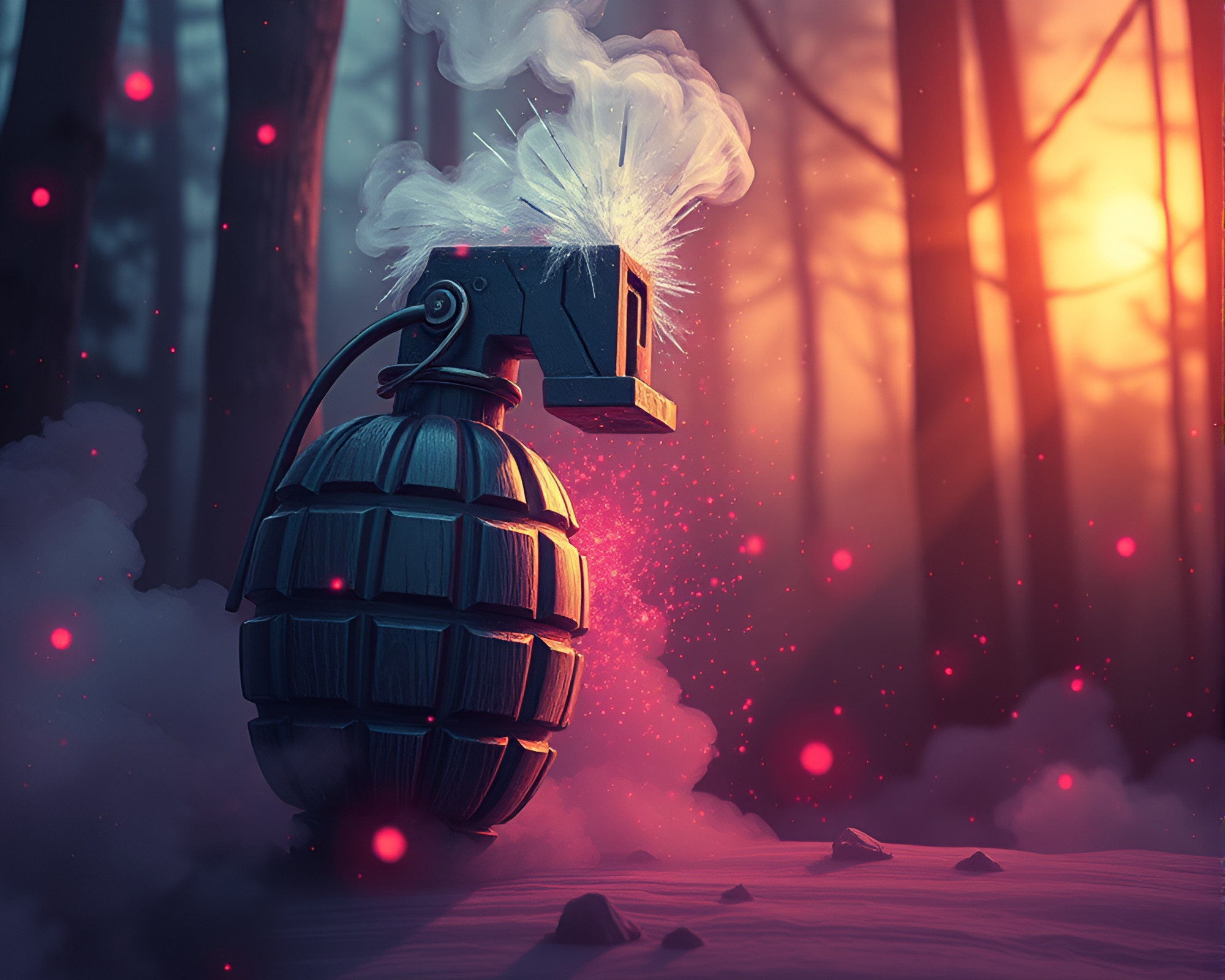 Futuristic Antimatter Grenade Exploding in Digital Twilight Haze – free AI stock image