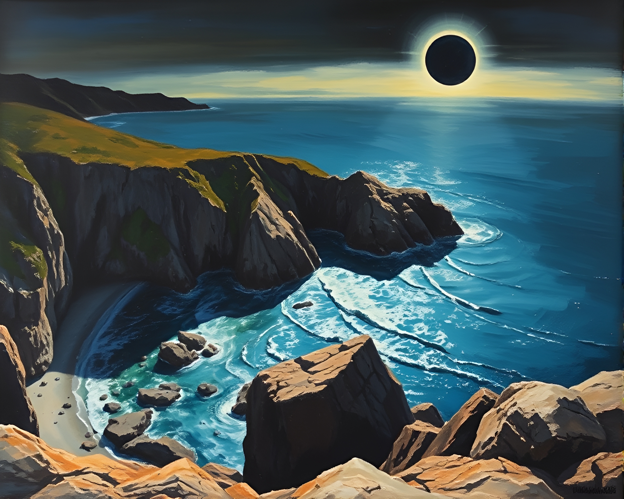 Expressionist Eclipse over Rocky Coastline Painting – free AI stock image