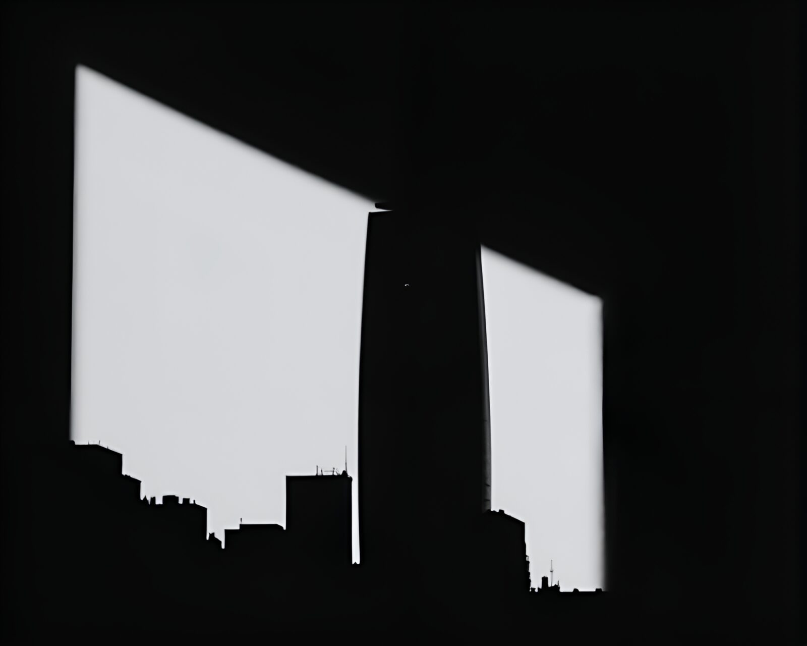 Crosshatched skyscraper silhouette, lit by firefly luminescence at dawn