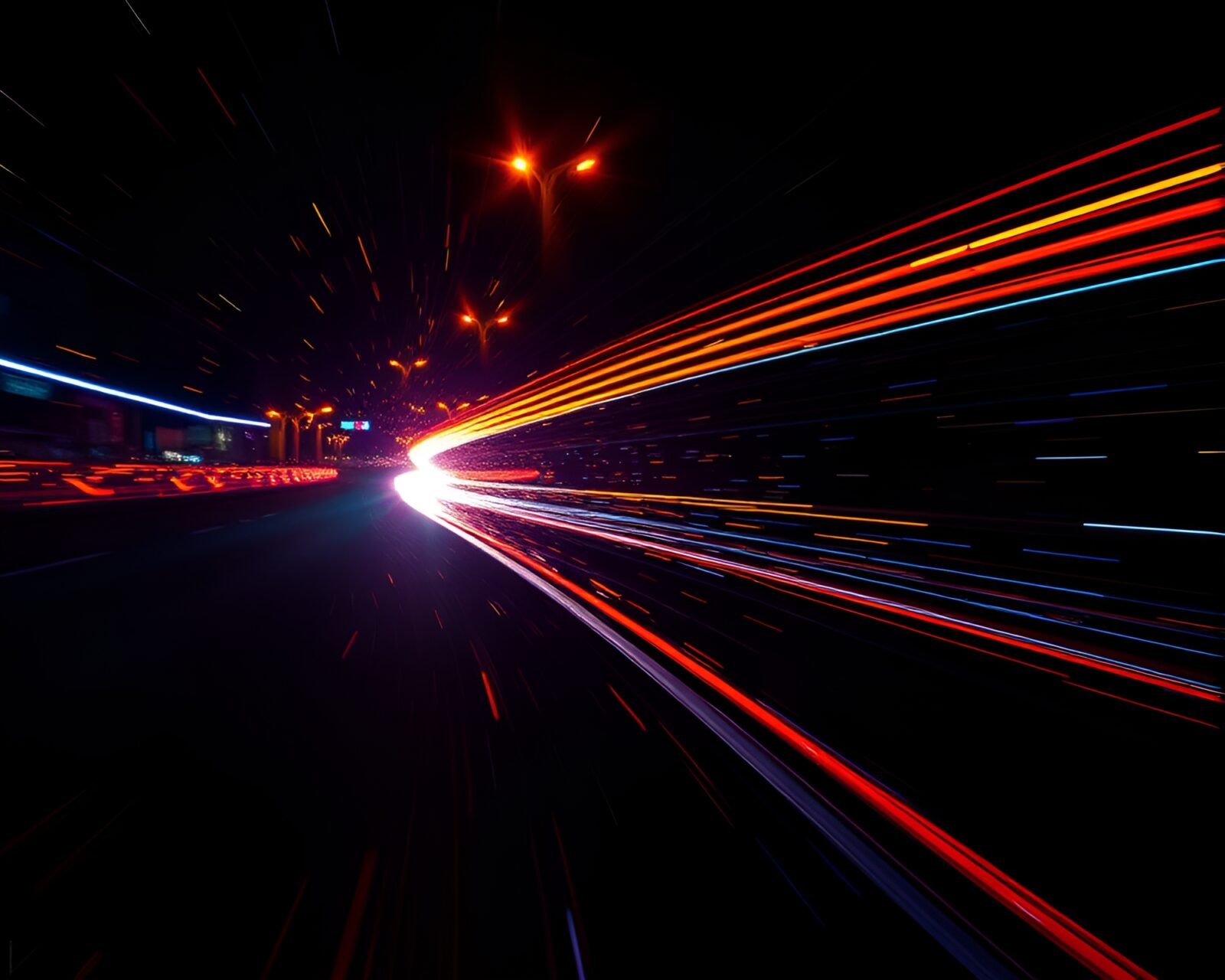 Vibrant stereograph of disco-themed drumming amidst car light trails