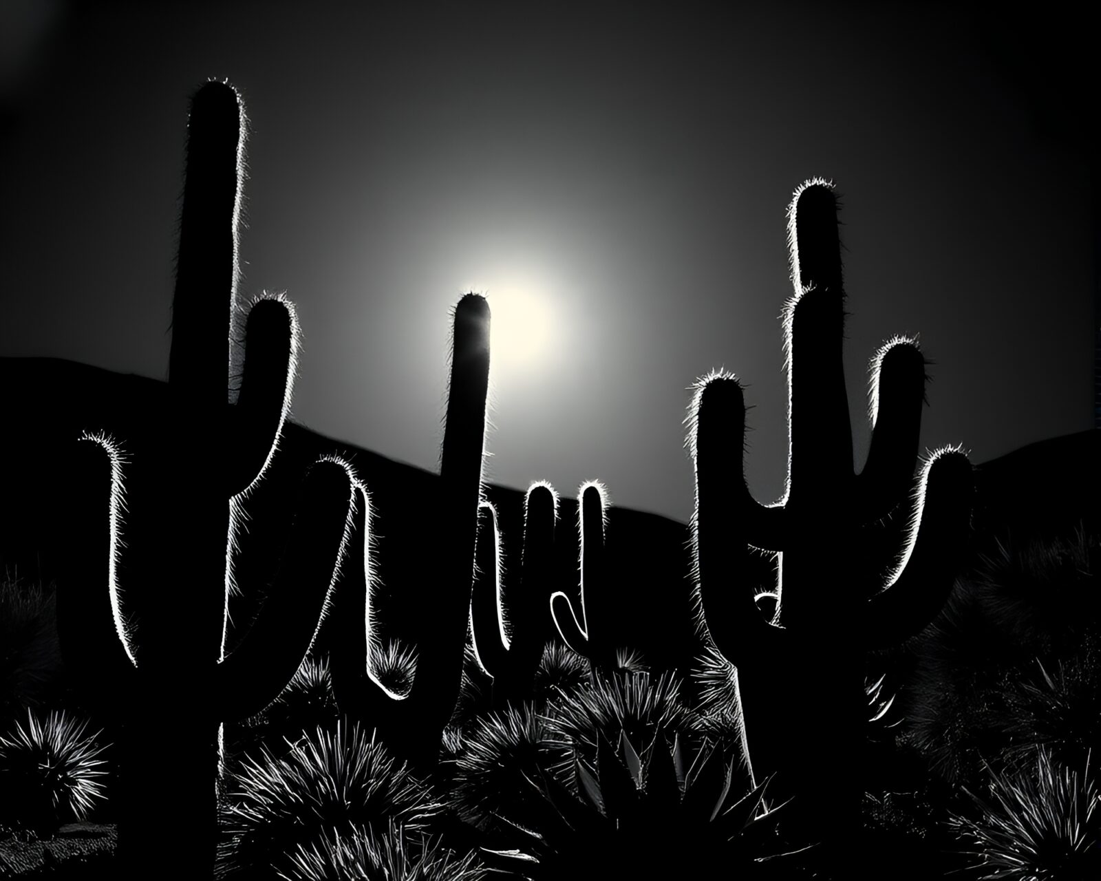 Abstract algorithmic art of desert cactus in crosshatched chiaroscuro