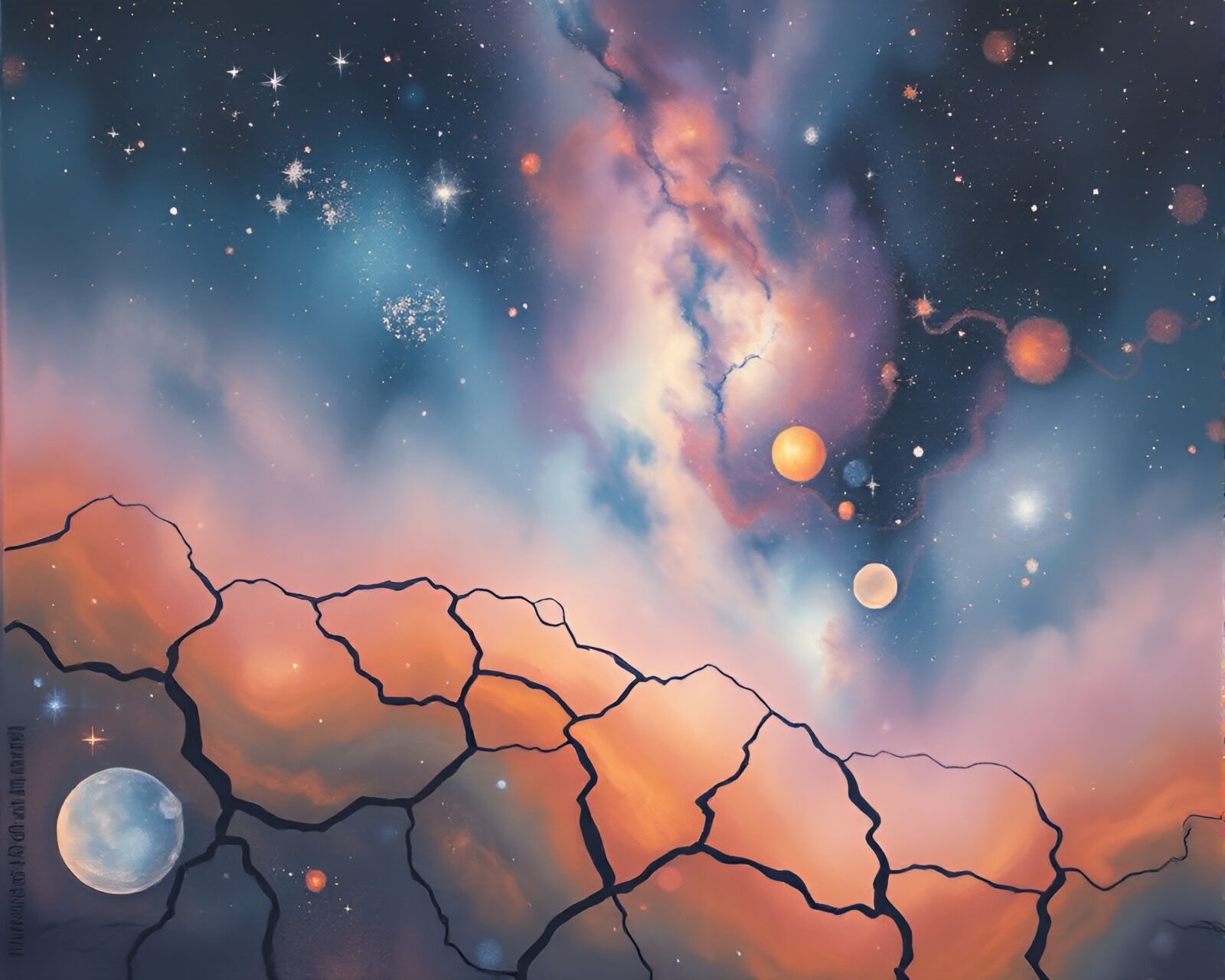Colorful celestial nebula shining over dry cracked landscape art