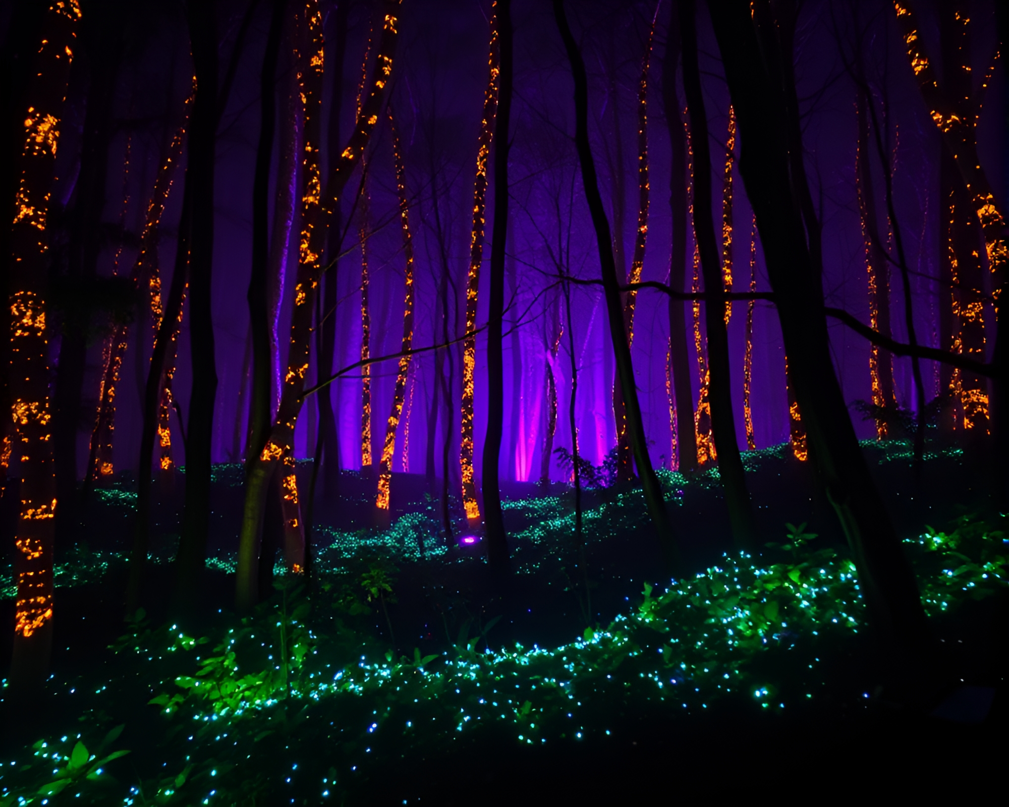 Bioluminescent Forest with Gold Foil Highlights – free AI stock image