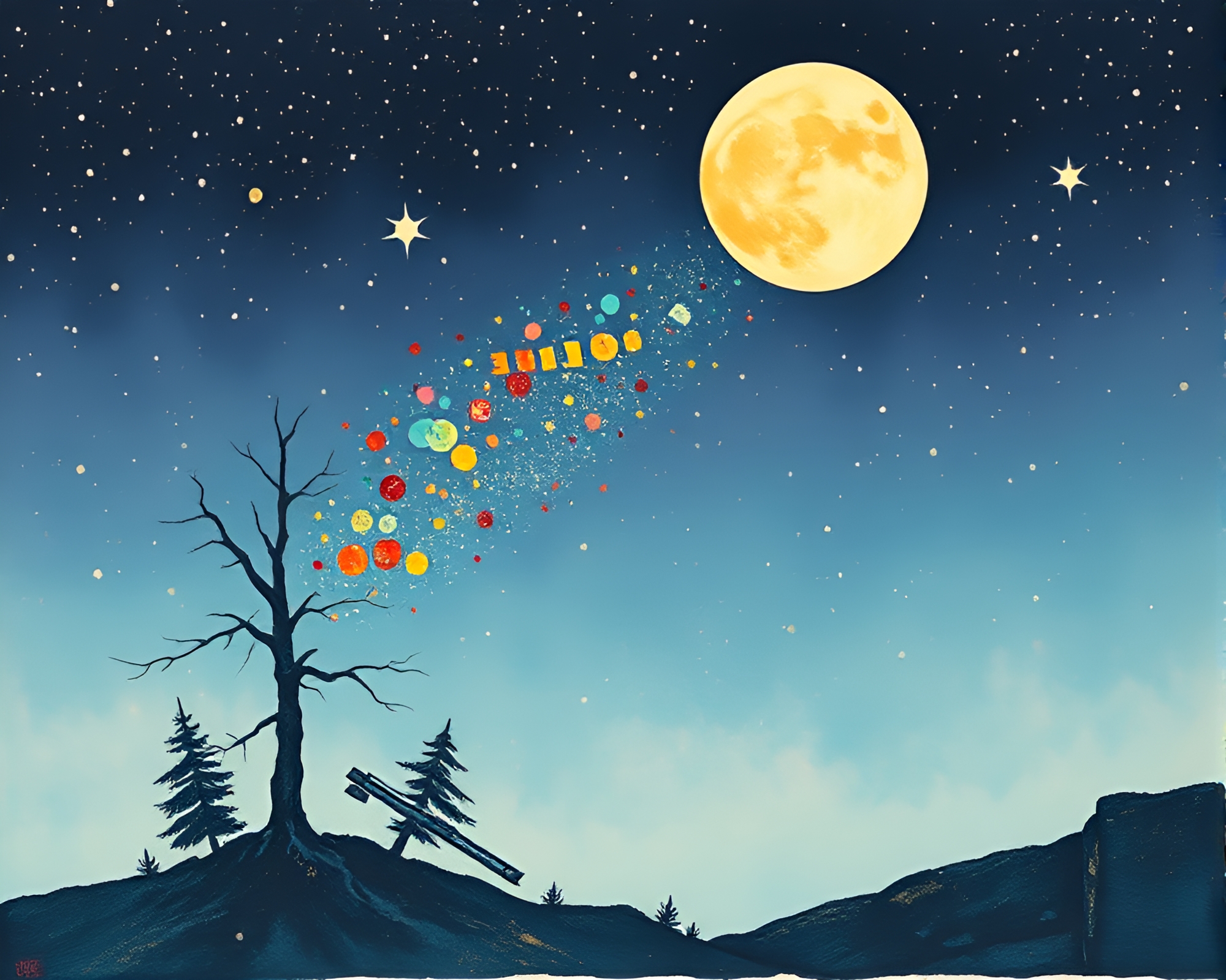 Satellite Network Illuminated in Gouache Woodblock Print – free AI stock image