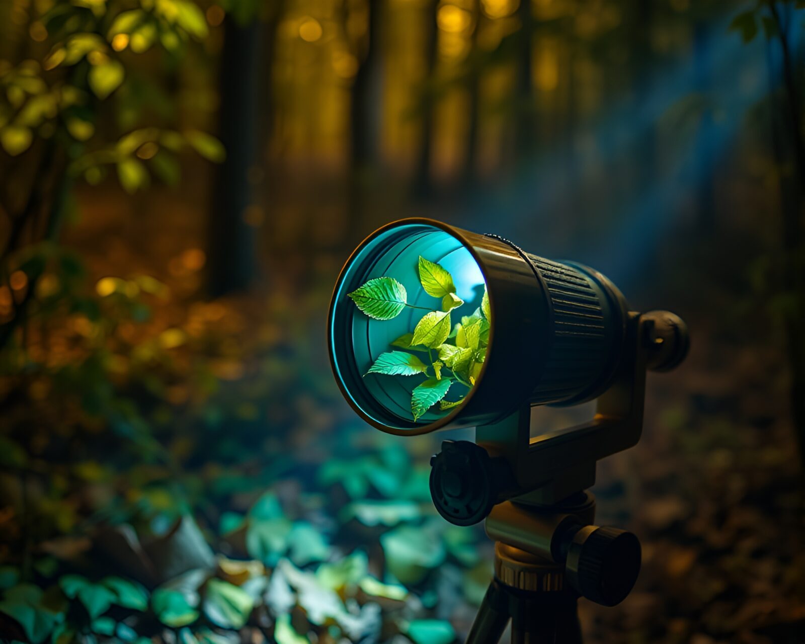 Dark atmospheric image of brass telescope in leaf litter